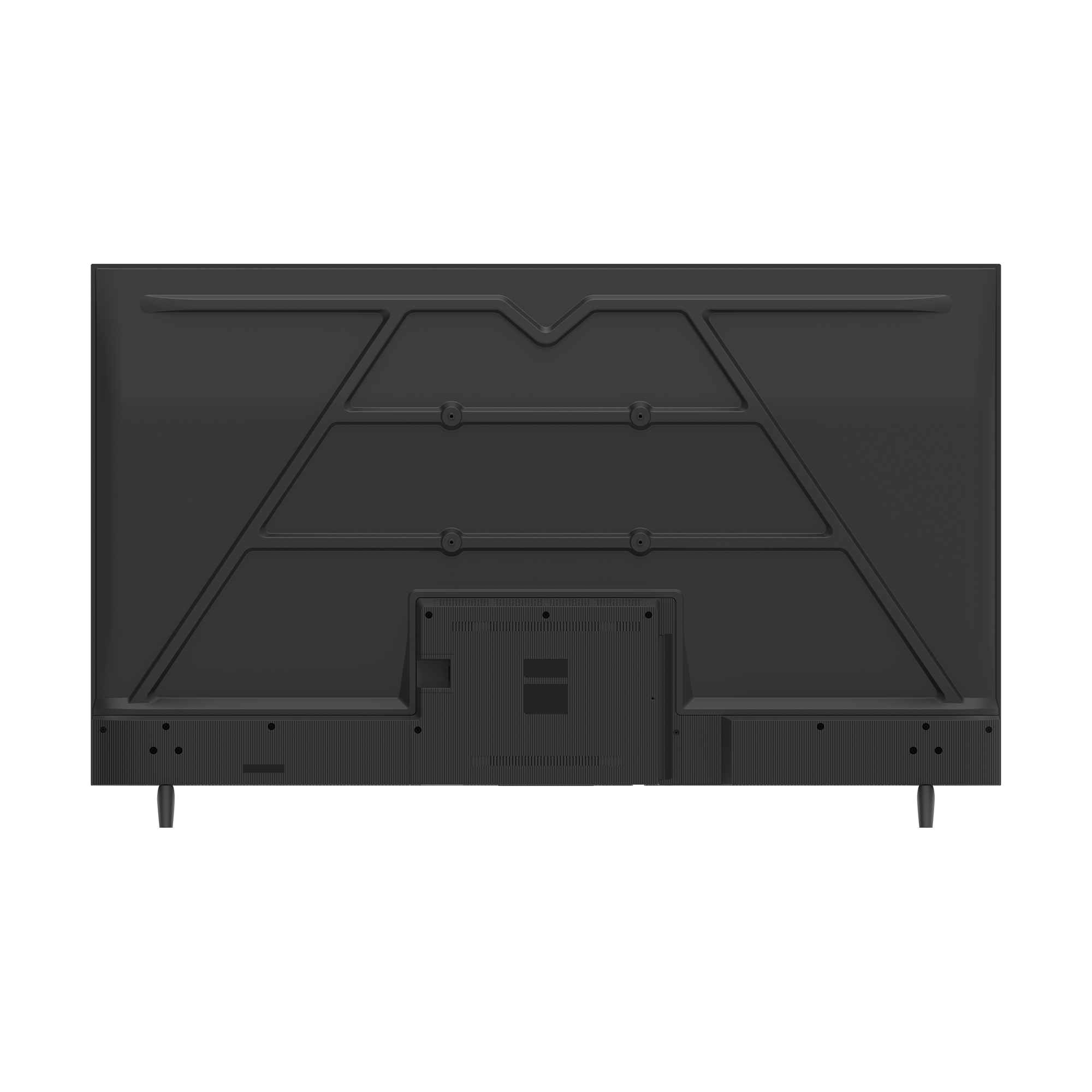 Tył czarnego telewizora. Posiada wspornik montażowy, porty wejściowe i dwie nogi podporowe.