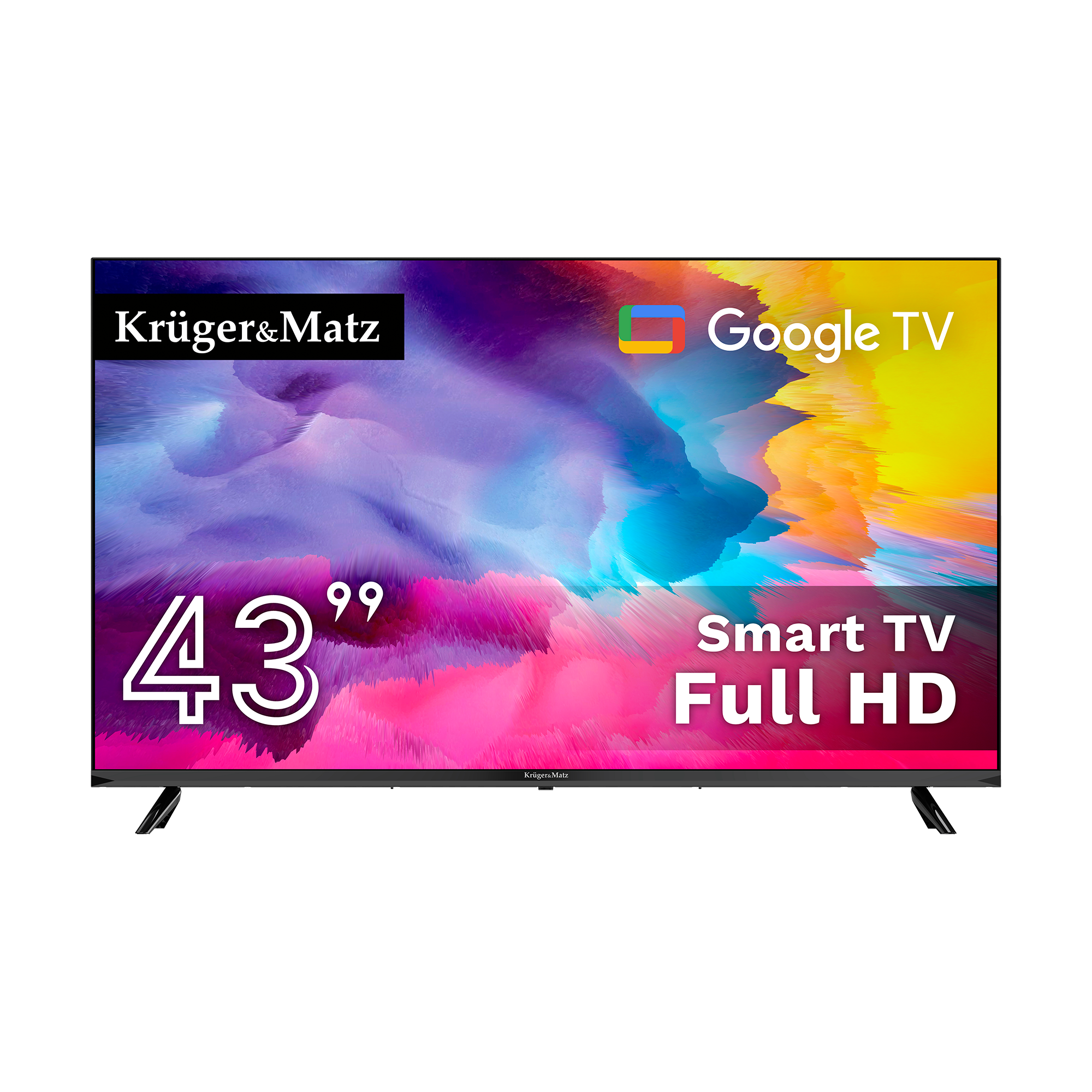 43-calowy Smart TV Kruger&Matz z Google TV, rozdzielczością Full HD i kolorowym, abstrakcyjnym tłem.