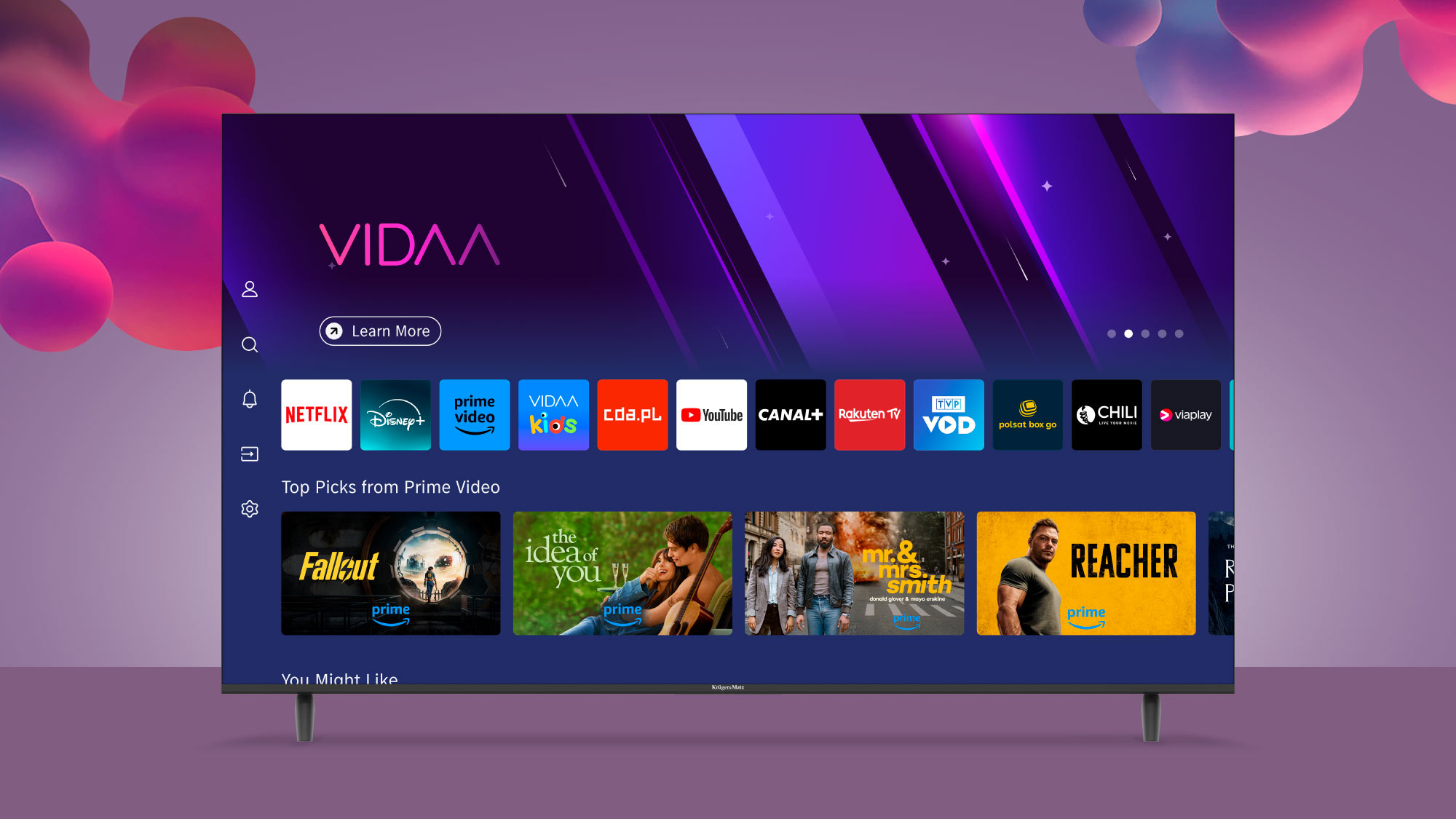 Ekran telewizora wyświetla interfejs VIDAA. Widoczne są aplikacje takie jak Netflix, Prime Video i YouTube. Prezentowane są filmy i programy.
