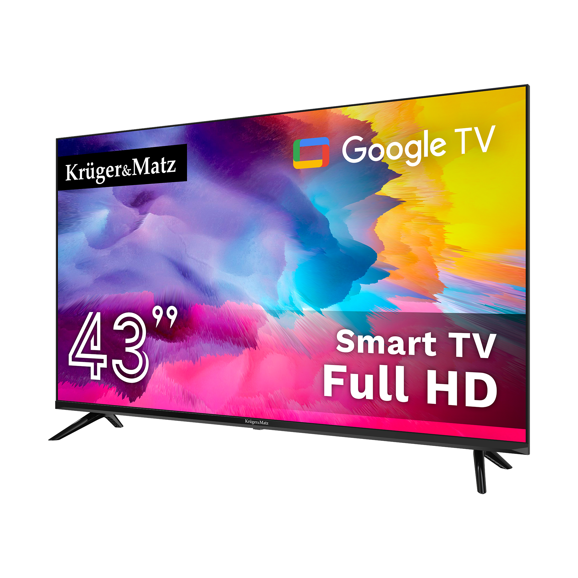 43-calowy telewizor Smart TV z Google TV, Full HD i logo marki Kruger&Matz jest wyświetlany na białym tle.