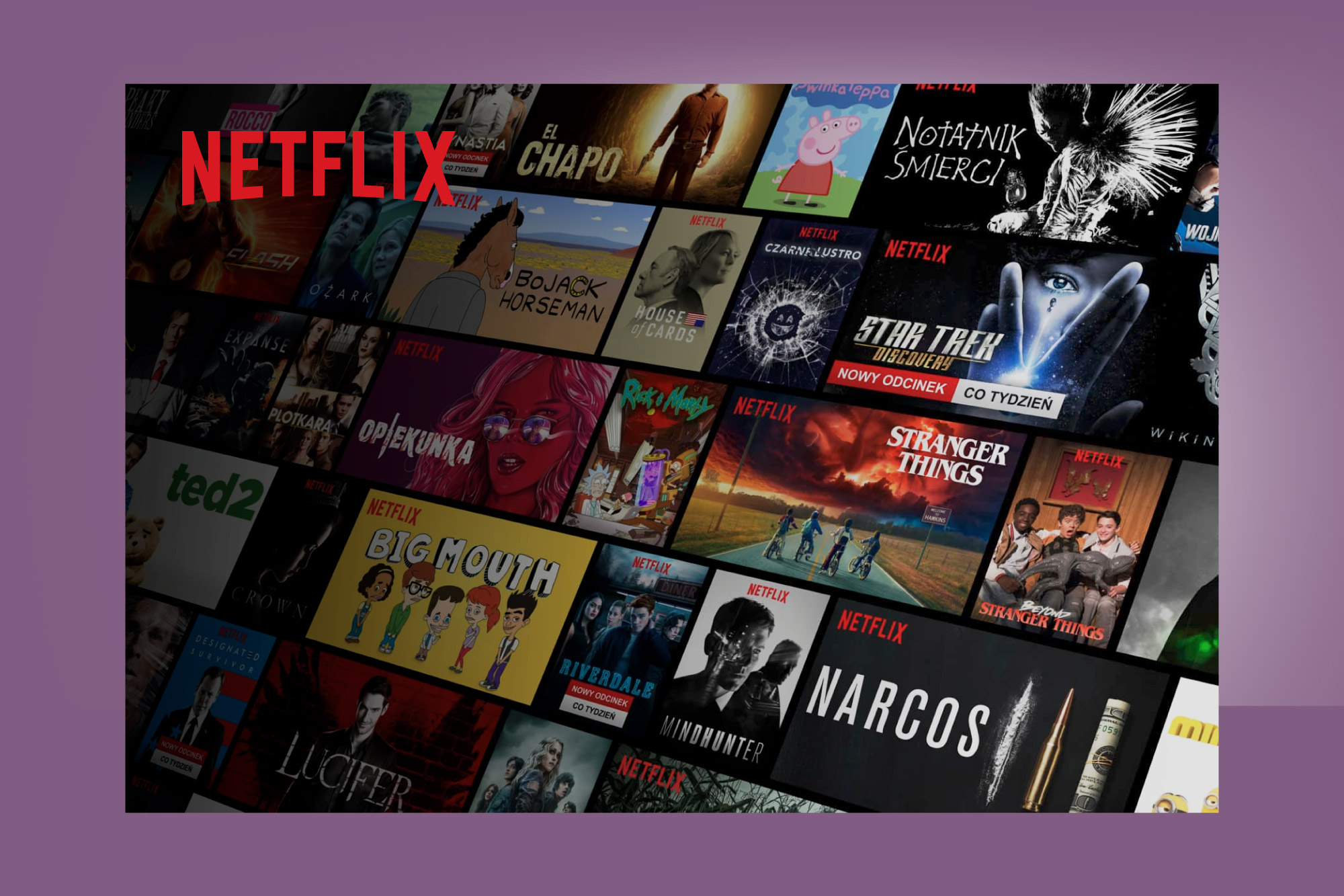 Kolaż tytułów programów Netflix, w tym Stranger Things, Narcos i BoJack Horseman, z widocznym logo Netflix.
