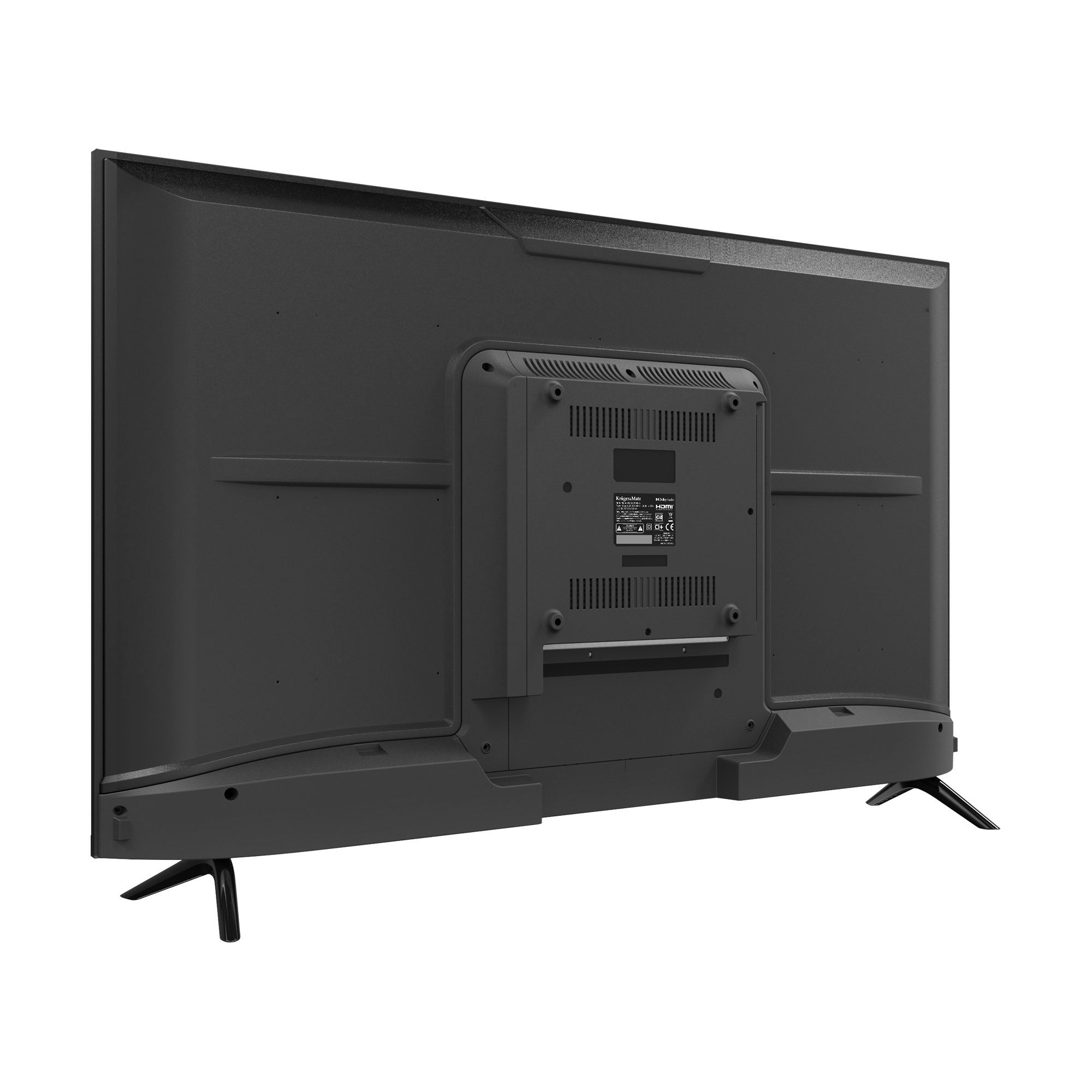 Widok z tyłu czarnego telewizora z płaskim ekranem. Ma centralny panel z otworami wentylacyjnymi i portami oraz dwie nogi.