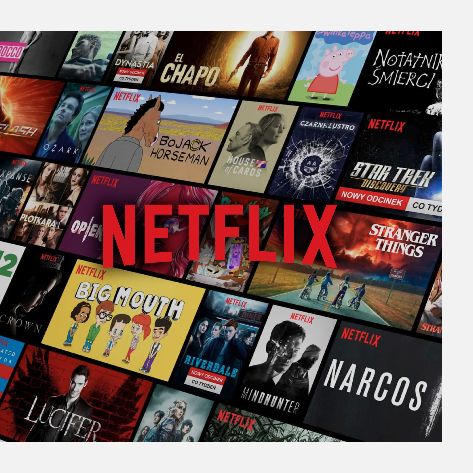 Kolaż plakatów seriali Netflix, w tym 'Narcos', 'Stranger Things', 'Big Mouth' i 'Lucifer' z dużym logo 'NETFLIX'.