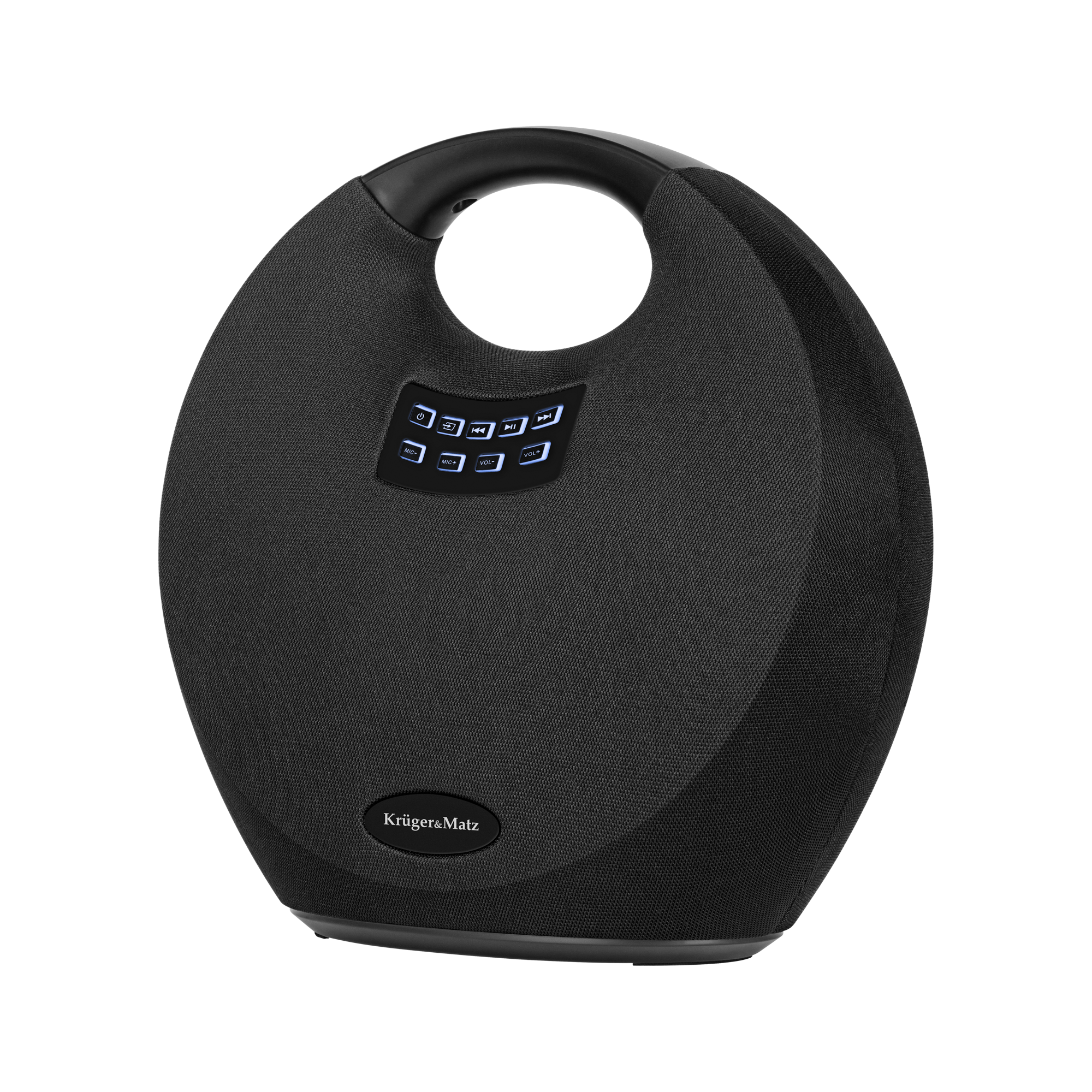 Czarny, owalny głośnik przenośny z uchwytem. Posiada przyciski sterujące i logo Kruger&Matz.