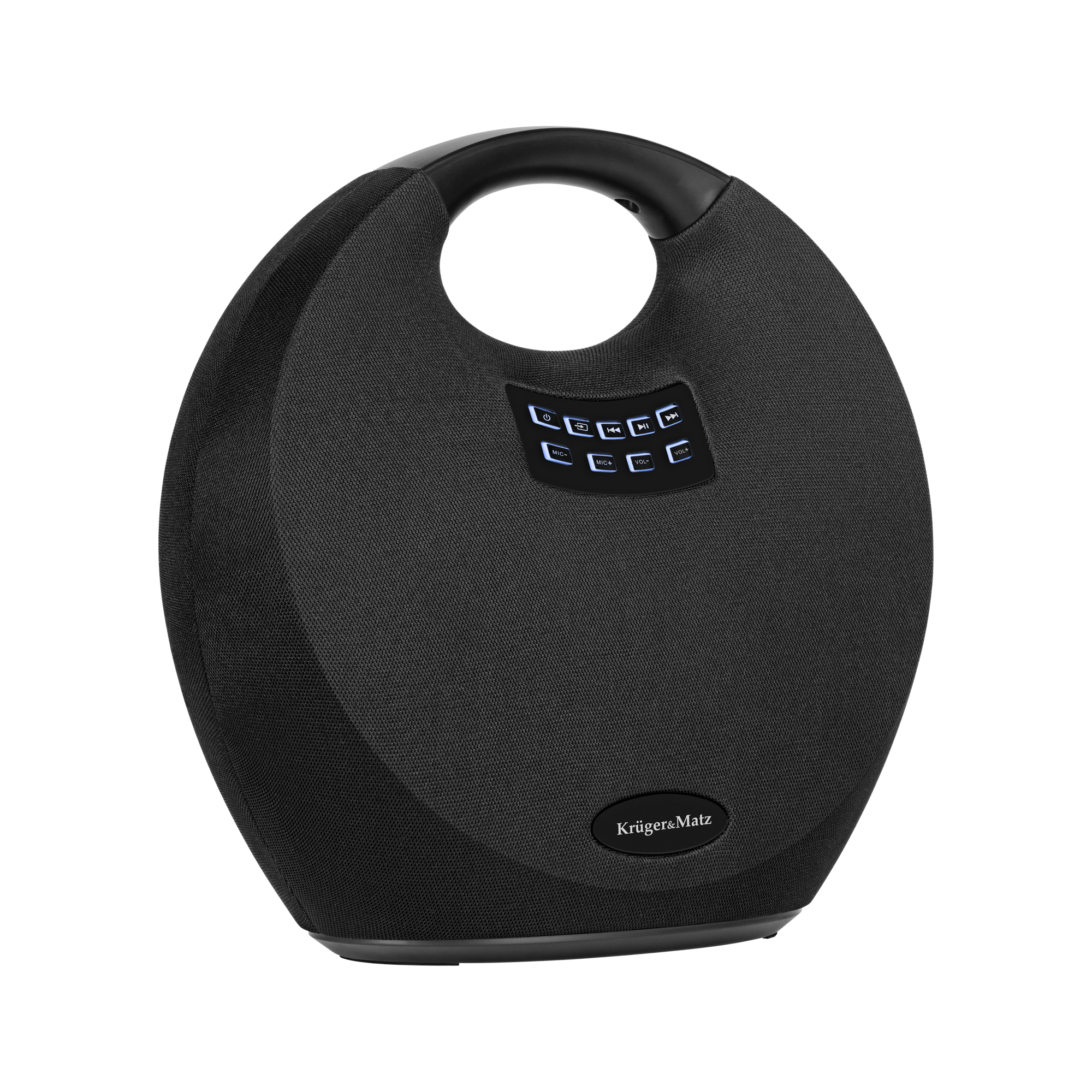 Czarny, okrągły głośnik przenośny z uchwytem. Posiada przyciski sterowania i logo 'Krüger&Matz'.