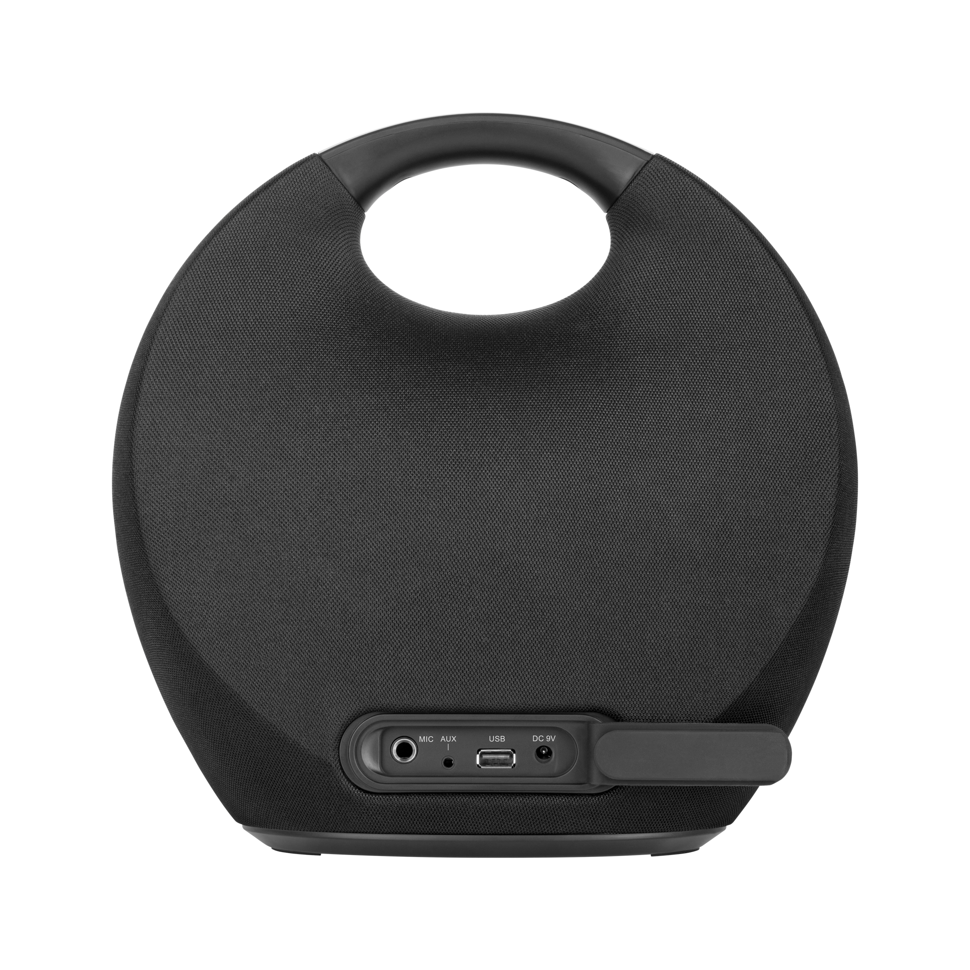 Czarny, okrągły głośnik z uchwytem. Posiada porty do mikrofonu, aux, USB i DC 9V. Tło jest szare z poziomymi liniami.