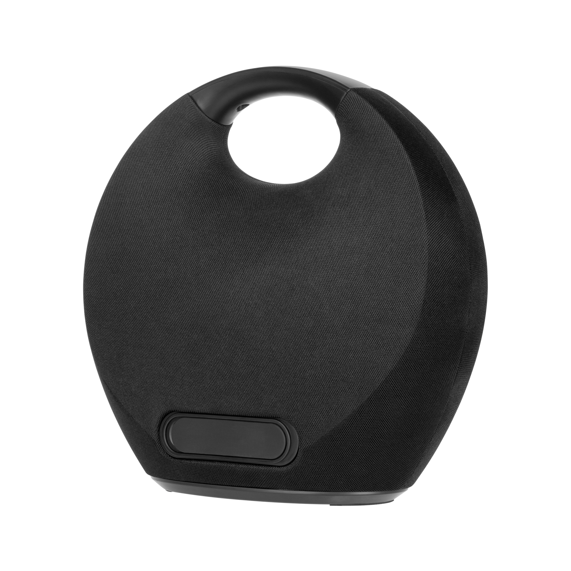 Czarny, owalny głośnik z uchwytem i panelem sterowania na dole. Tło jest szare.