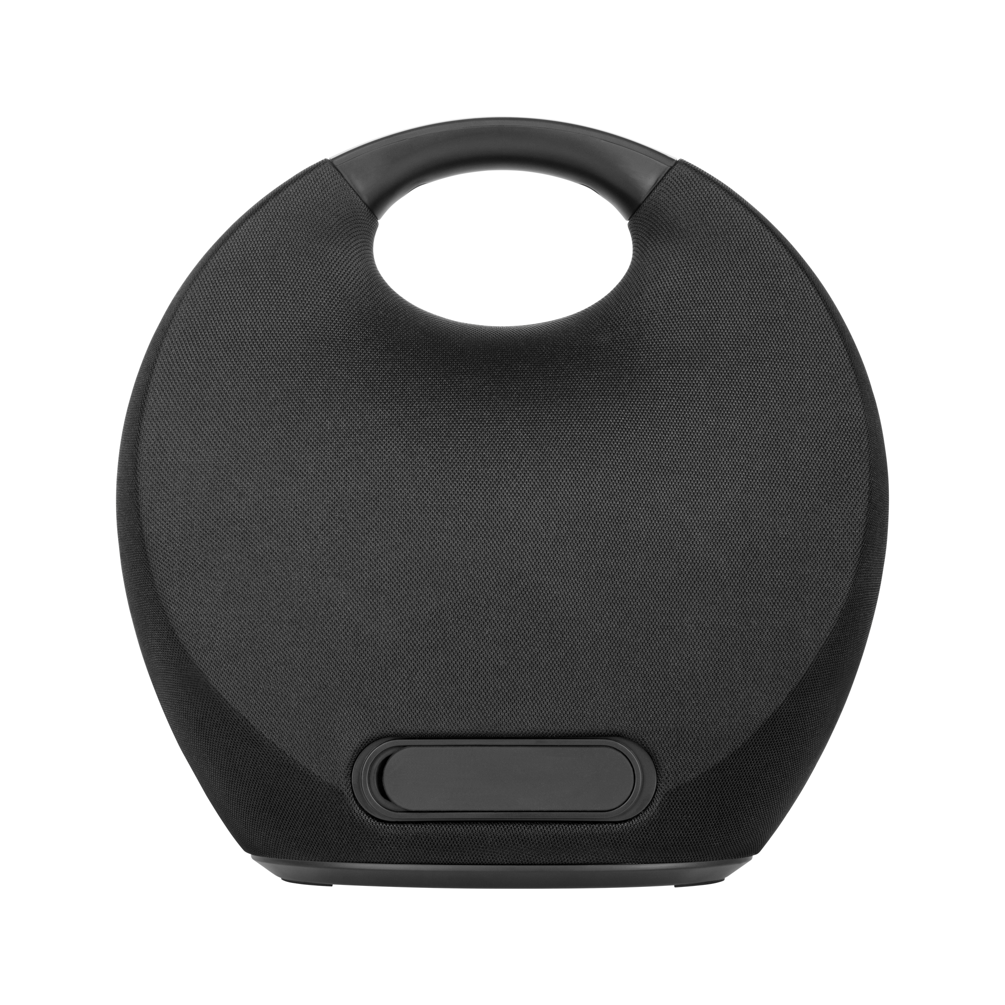Czarny, okrągły głośnik z uchwytem na górze. Ma teksturowaną powierzchnię i prostokątny panel na dole.