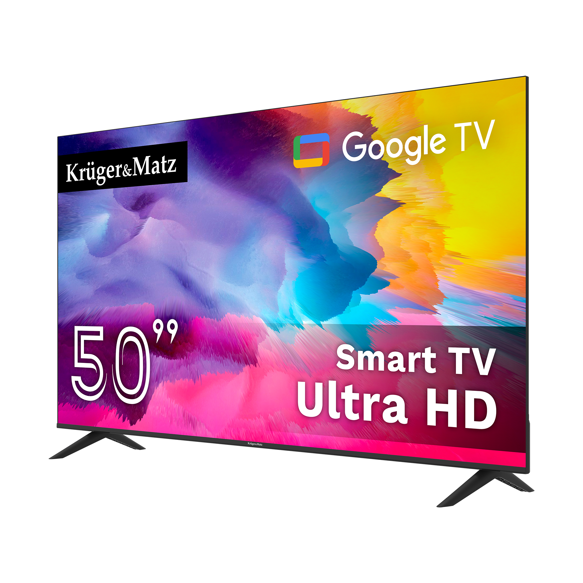 50-calowy Smart Ultra HD TV z Google TV. Ma kolorowe abstrakcyjne tło. Nazwa marki to Kruger&Matz.
