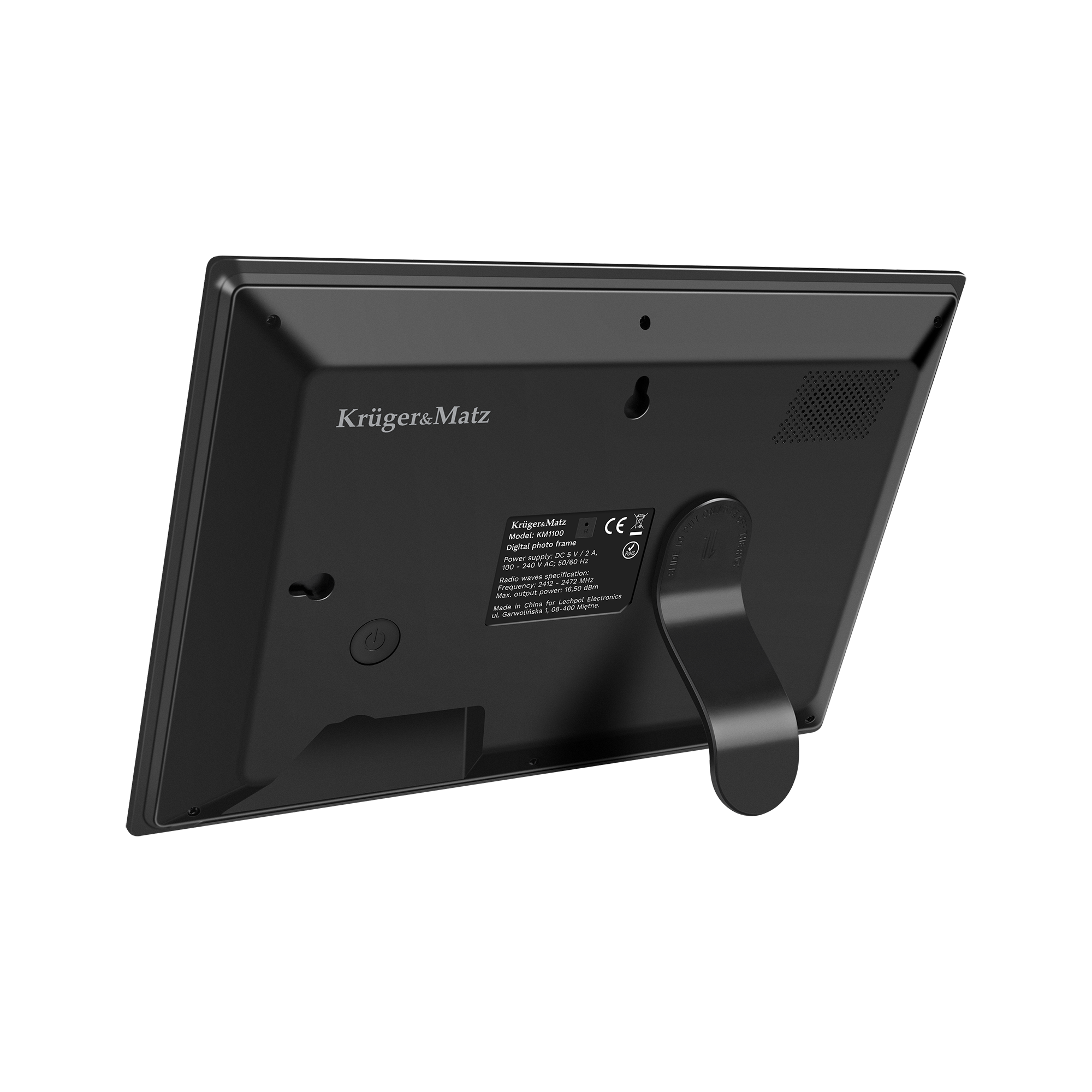 Czarna cyfrowa ramka na zdjęcia, widok z tyłu, ze stojakiem. Widoczna nazwa marki i specyfikacje.