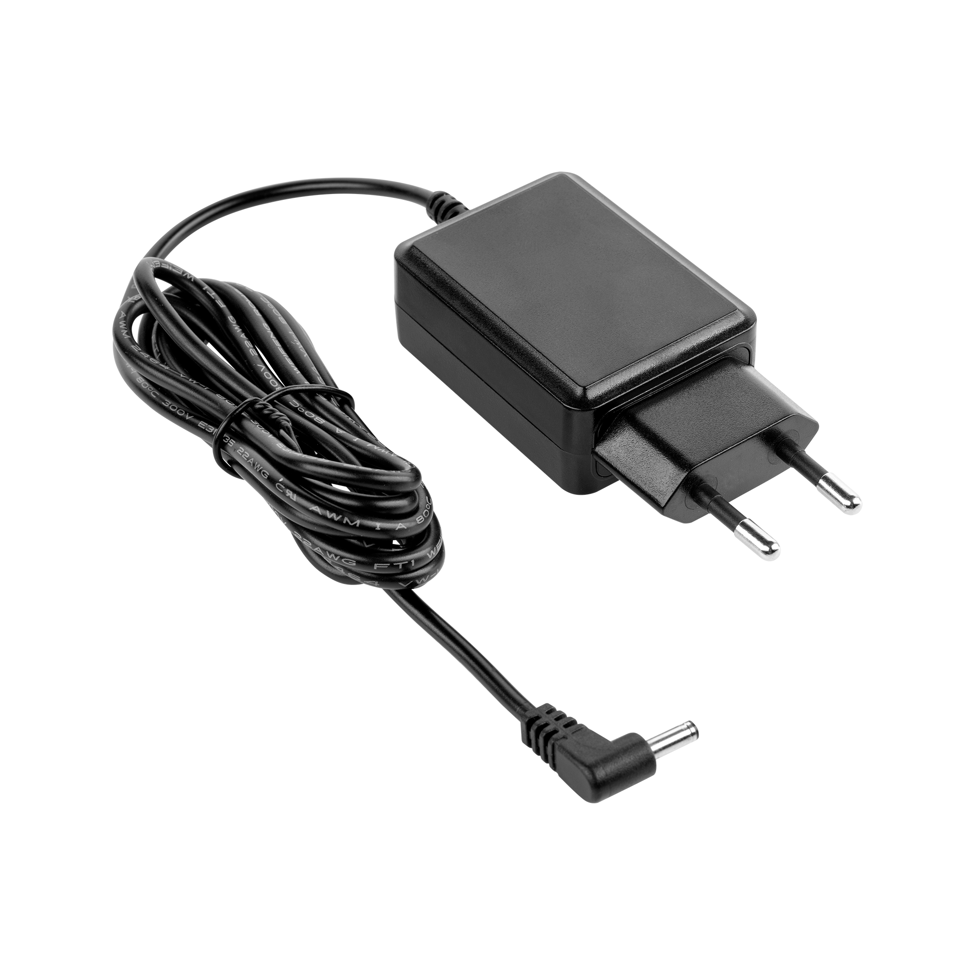 Czarny zasilacz z wtyczką i zwiniętym kablem. Zasilacz jest na jasnoszarym tle.