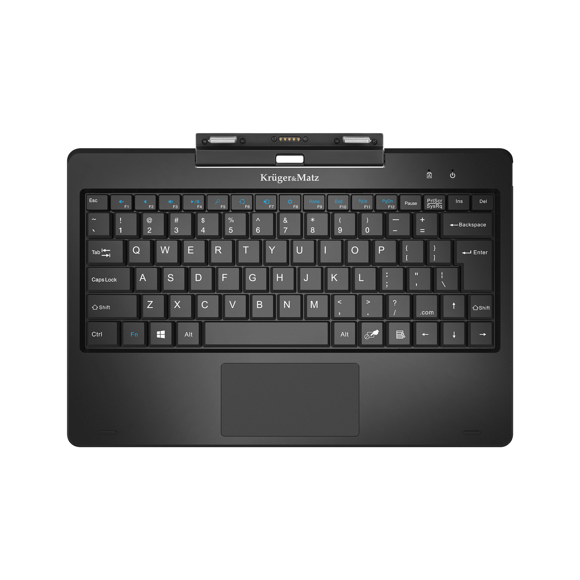 Czarna klawiatura z klawiszami, panelem dotykowym i górnym paskiem z marką Kruger&Matz. Tło białe.