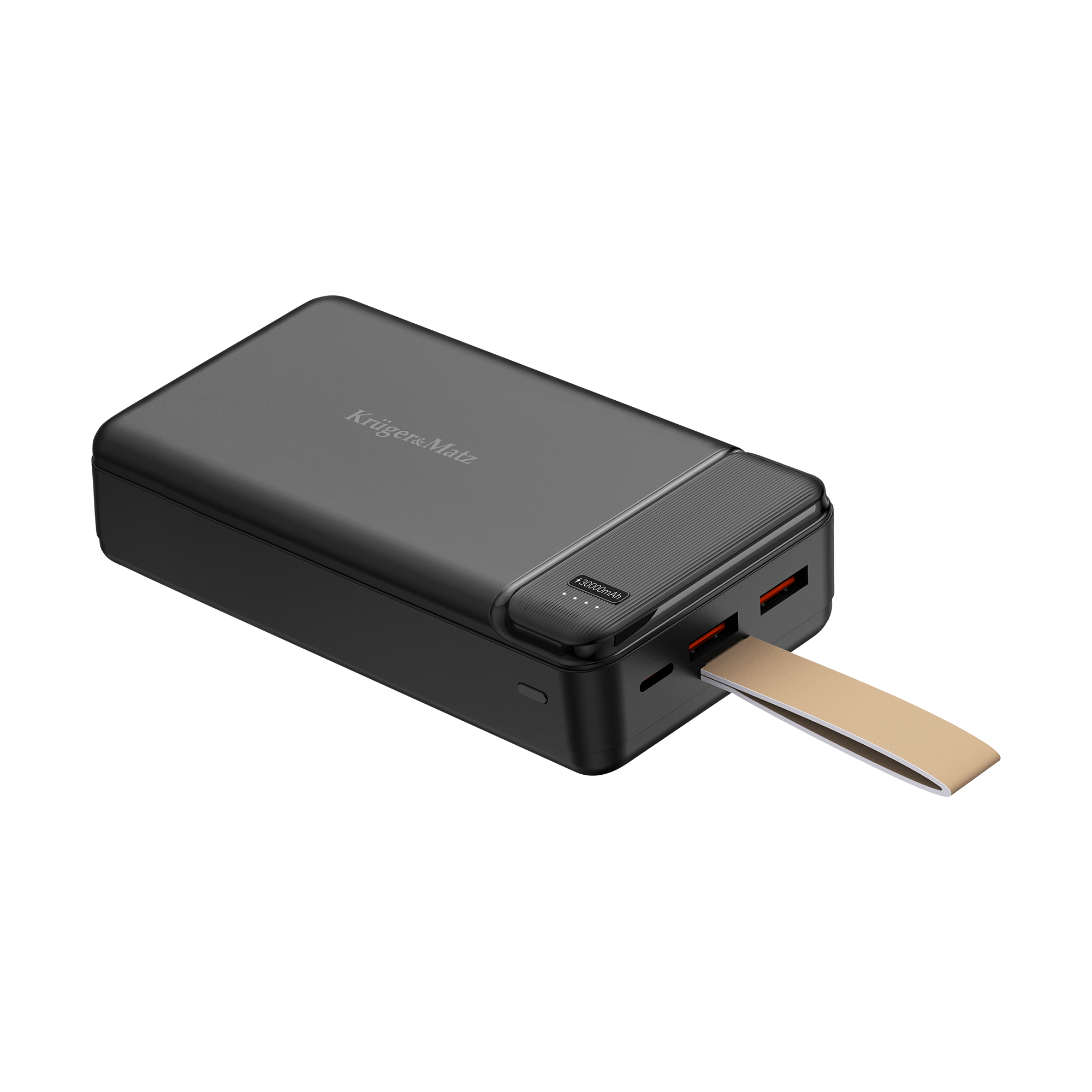Czarny power bank z logo Krüger&Matz, złotym paskiem i portami ładowania.