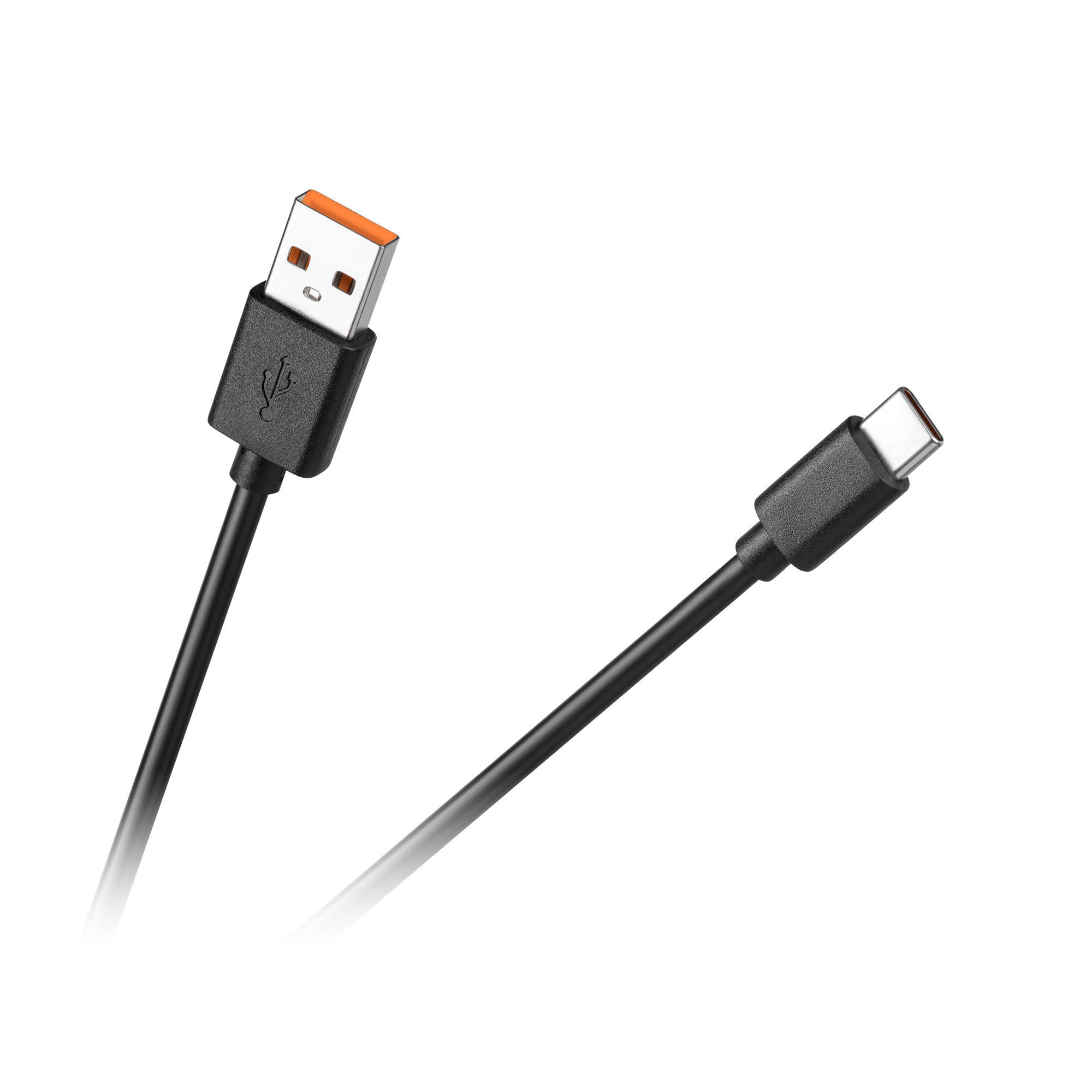 Dwa czarne kable USB. Jeden ma złącze USB-A z pomarańczowymi akcentami, drugi złącze USB-C. Oba na szarym tle.