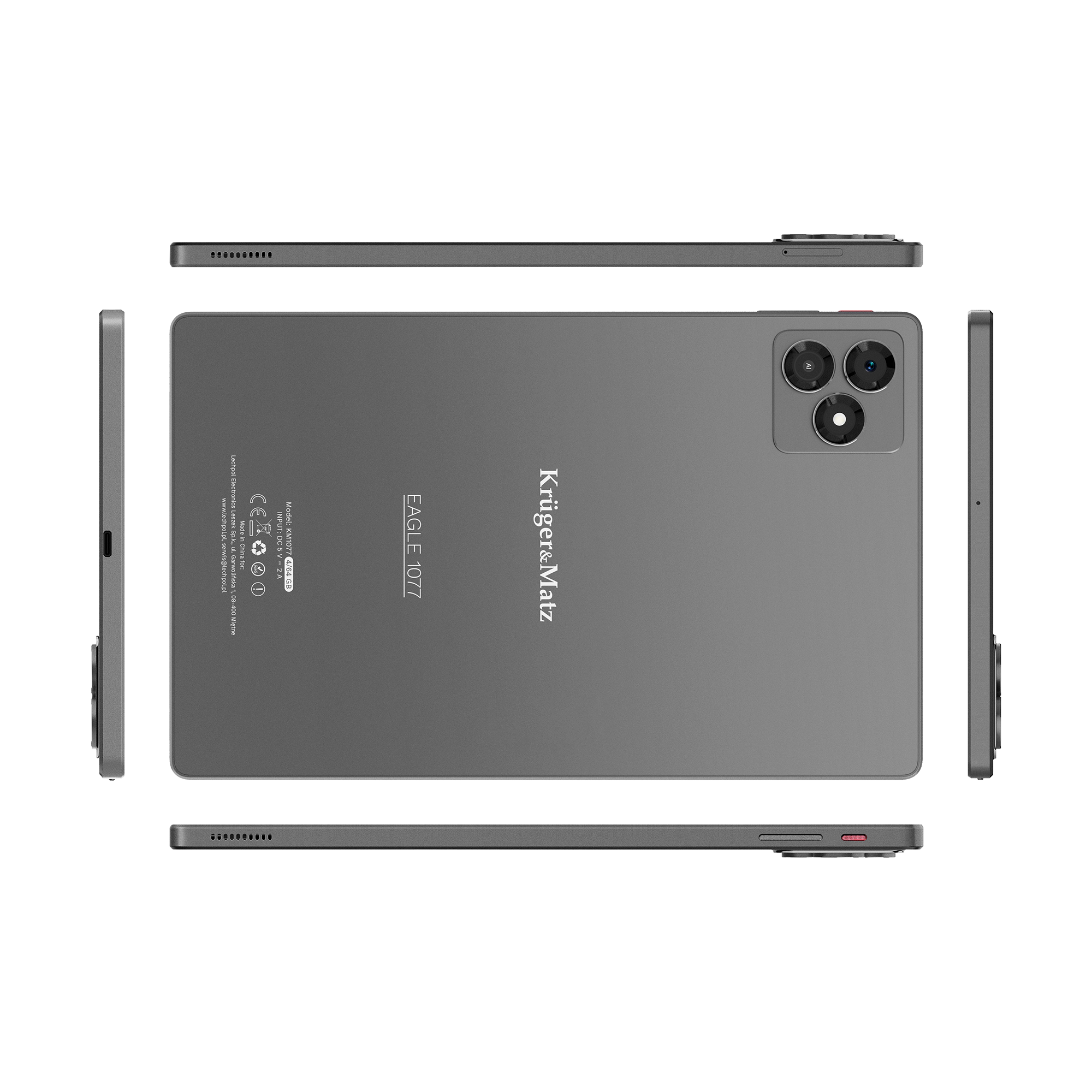 Wyświetlany jest szary tablet z trzema tylnymi kamerami. Marka Kruger&Matz jest widoczna. Model to Eagle 1077.