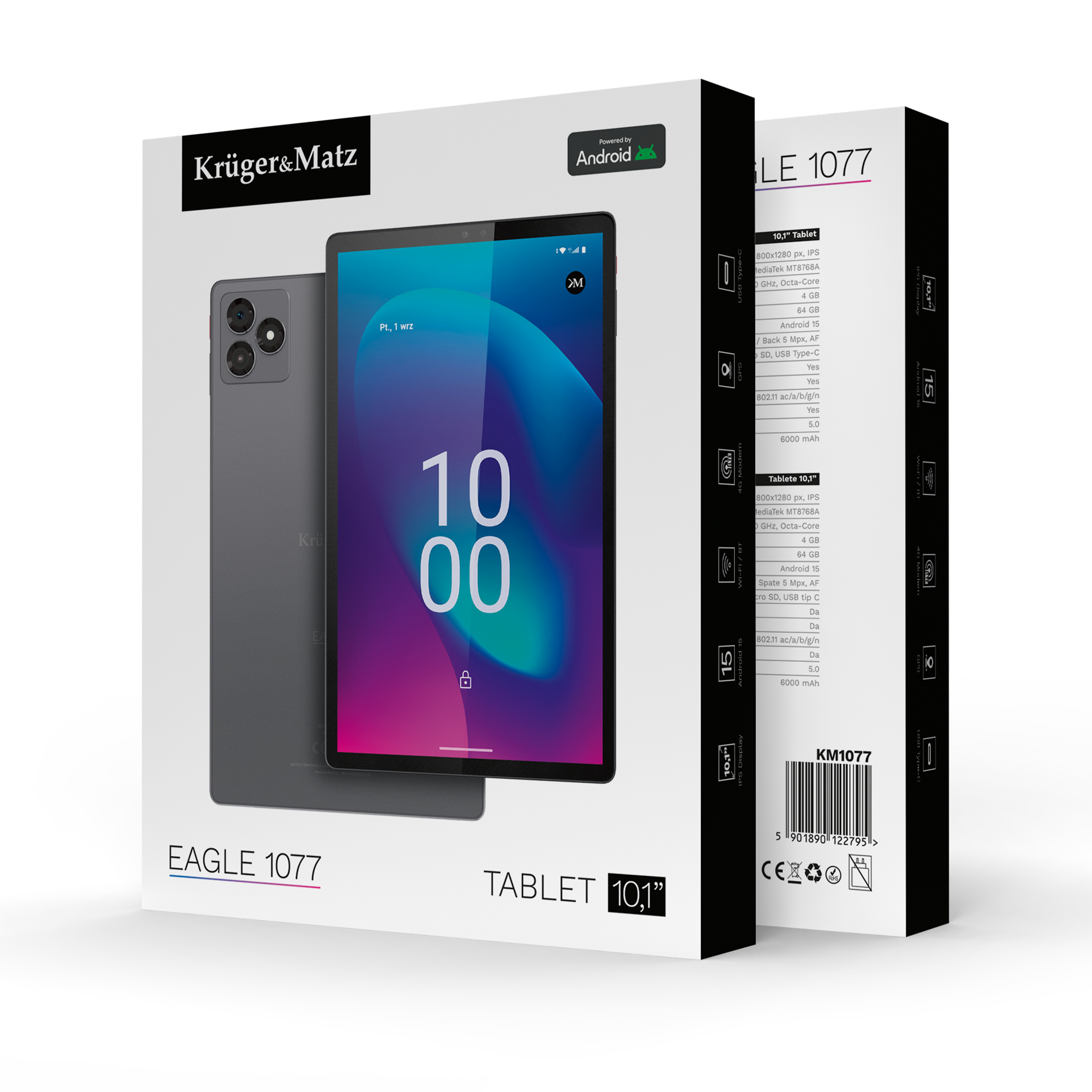 Pudełko tabletu marki Kruger&Matz. Ekran tabletu wyświetla '10 00'. Szczegóły widoczne z boku.