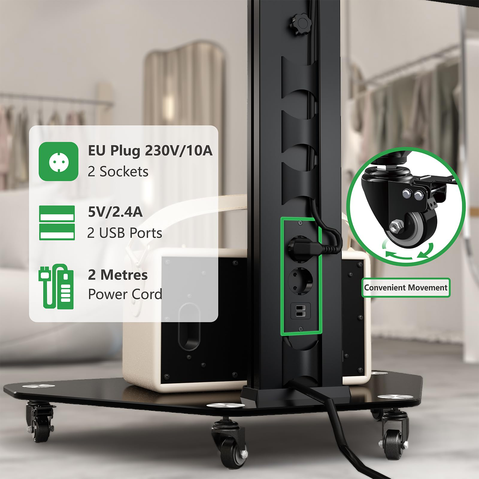 Een zwarte stroomstandaard met wielen en stopcontacten. Het heeft een EU-stekker, USB-poorten en een stroomkabel van 2 meter.
