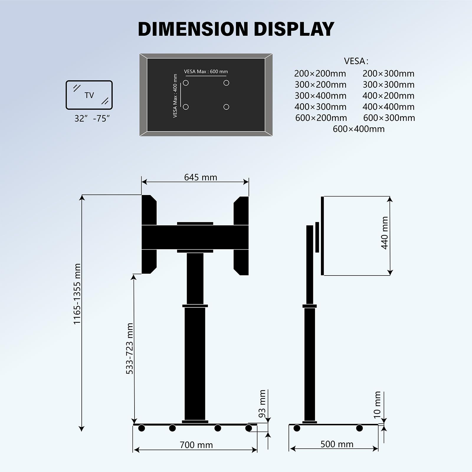Diagram van een tv-standaard, met afmetingen in mm. Inclusief VESA-maten en een tv-icoon.