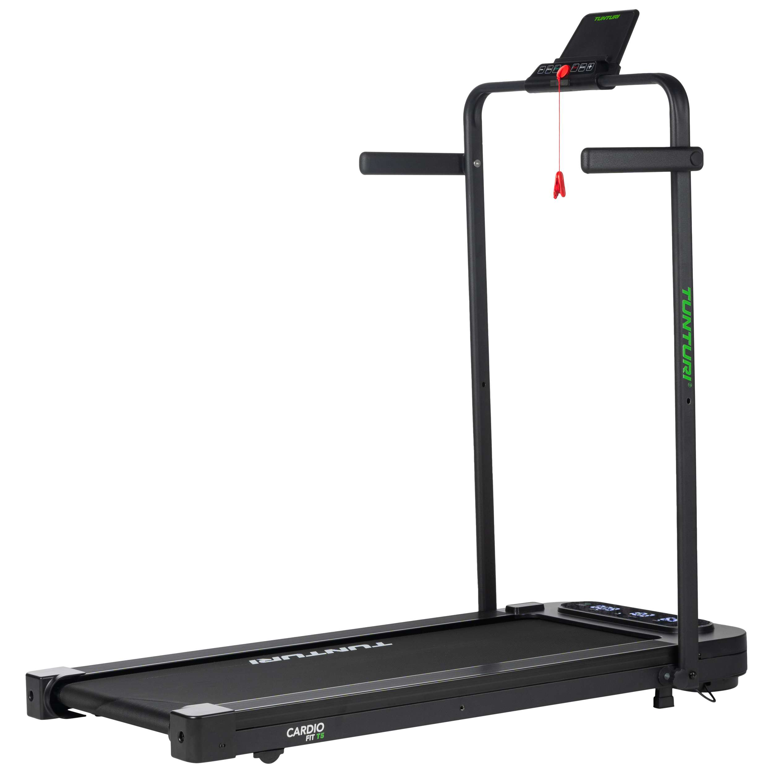 Een zwarte Tunturi Cardio Fit T5 loopband. Hij heeft een display, leuningen en een rode veiligheidssleutel.