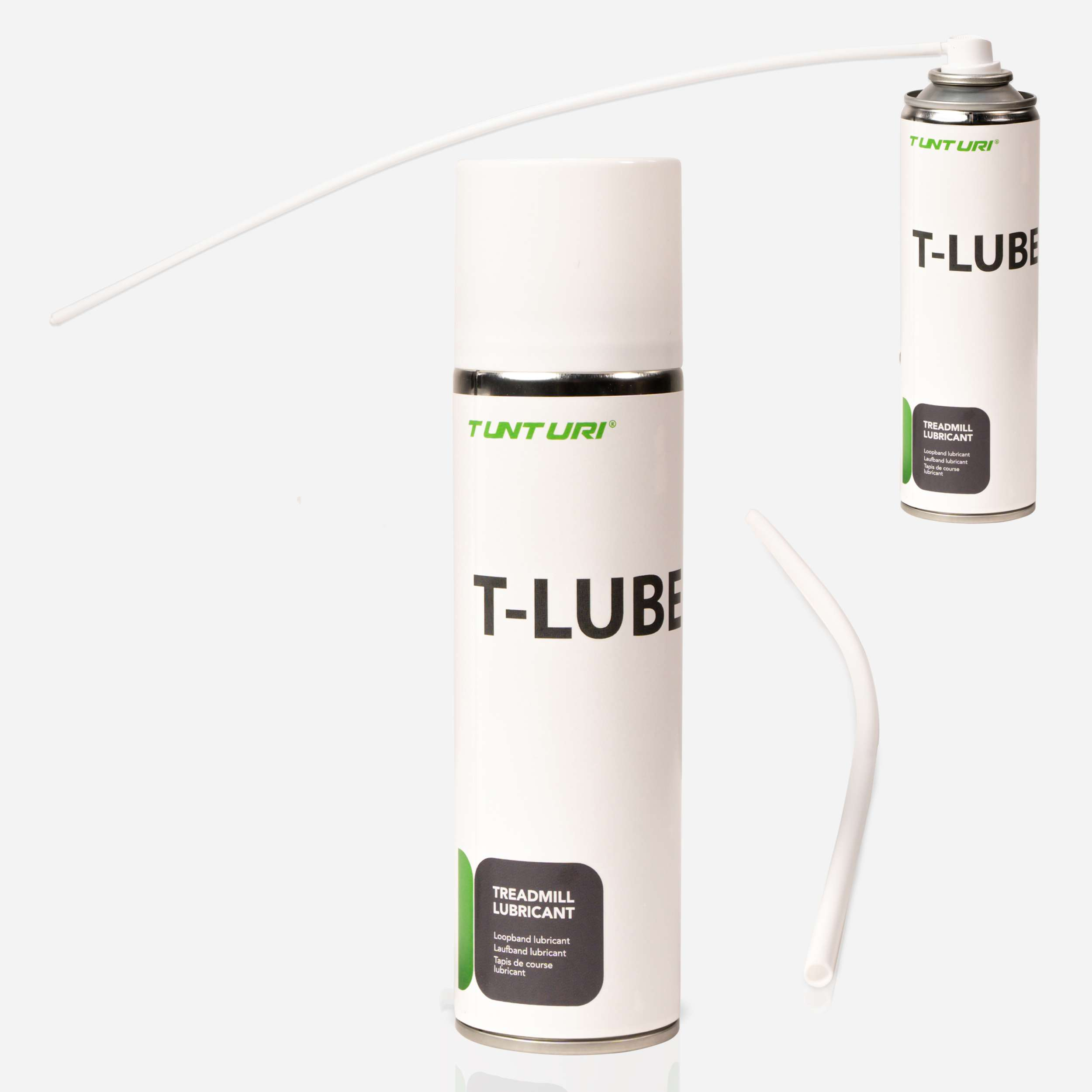 De afbeelding toont Tunturi T-LUBE loopband smeermiddel cans, twee full size, een kleine. Spuittubes lopen uit de cans.