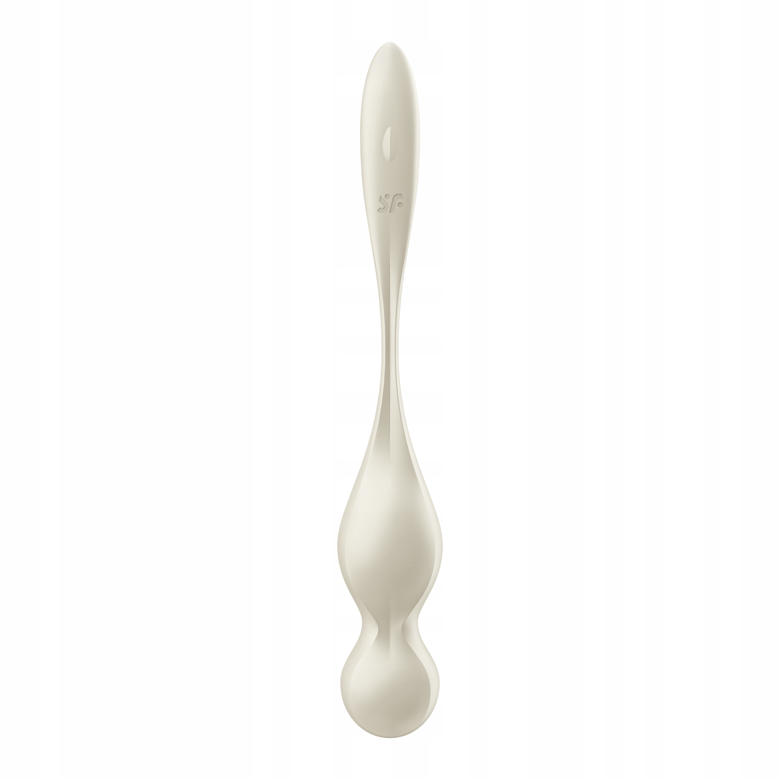 Gładki, kremowy, wydłużony obiekt o zakrzywionym designie. Zwęża się u góry, ma pękatą podstawę.