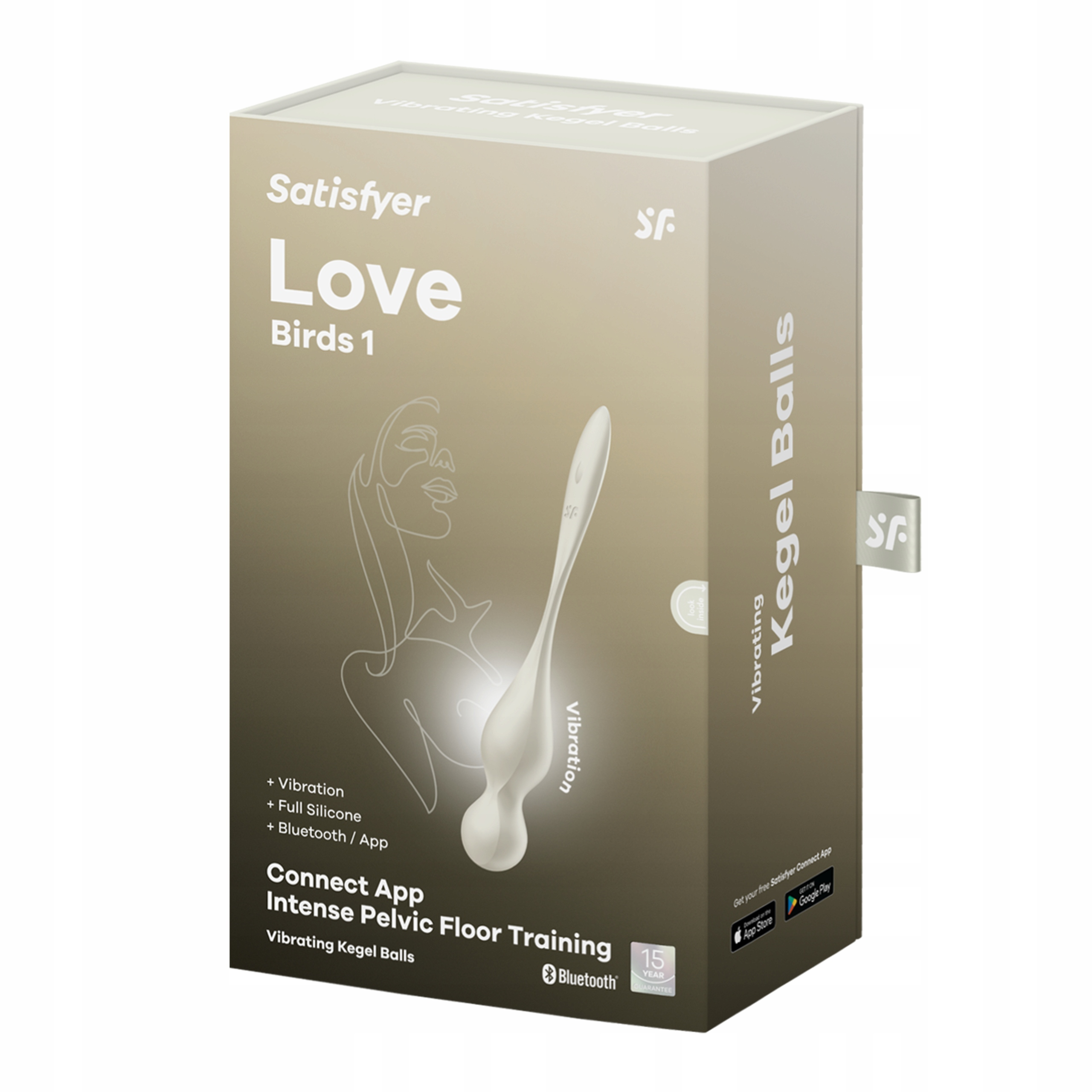 Pudełko z białą zabawką erotyczną. Tekst mówi 'Satisfyer Love Birds 1', 'Vibrating Kegel Balls' i 'Connect App'.