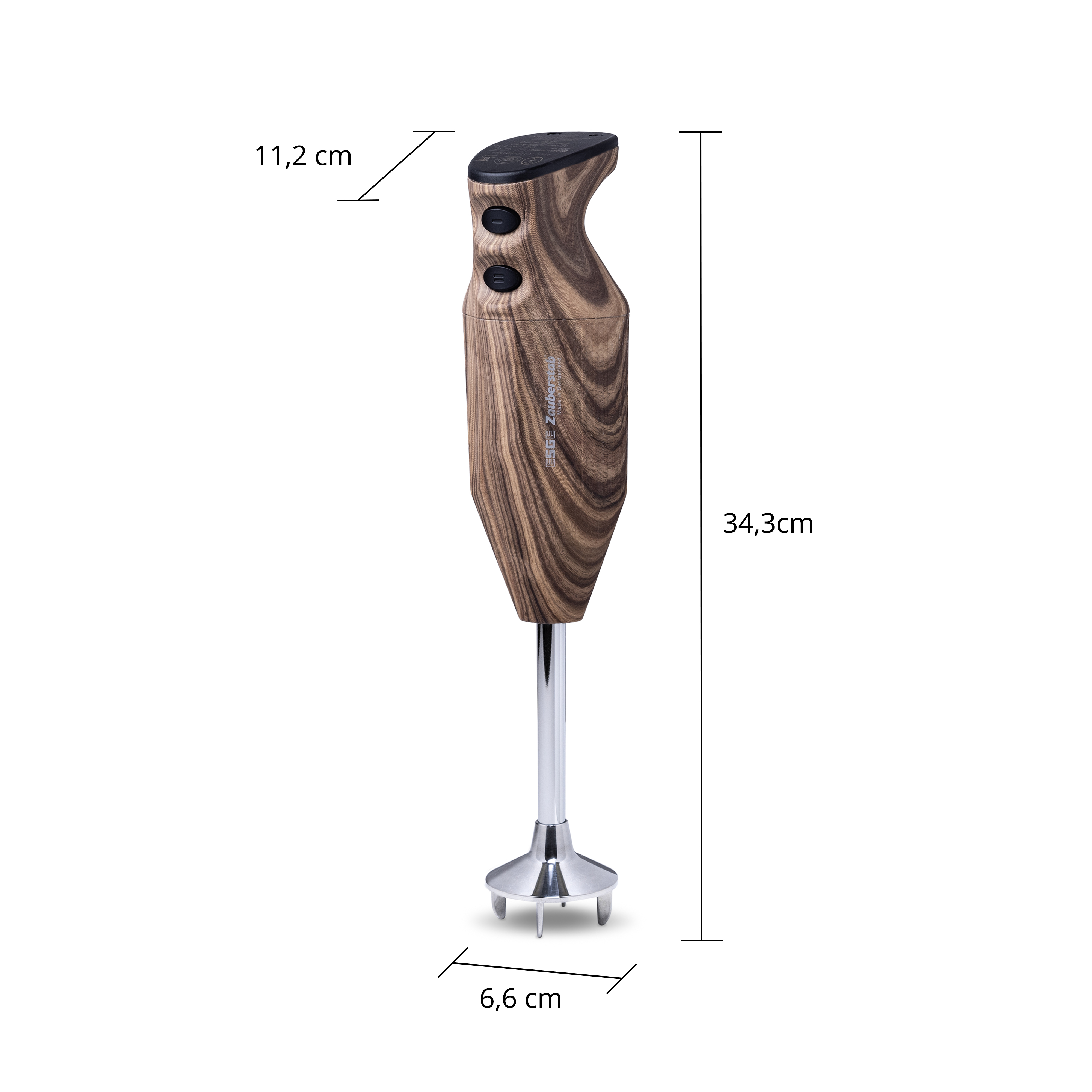 Un frullatore a immersione con manico in legno e lama in acciaio inox. Dimensioni in cm.