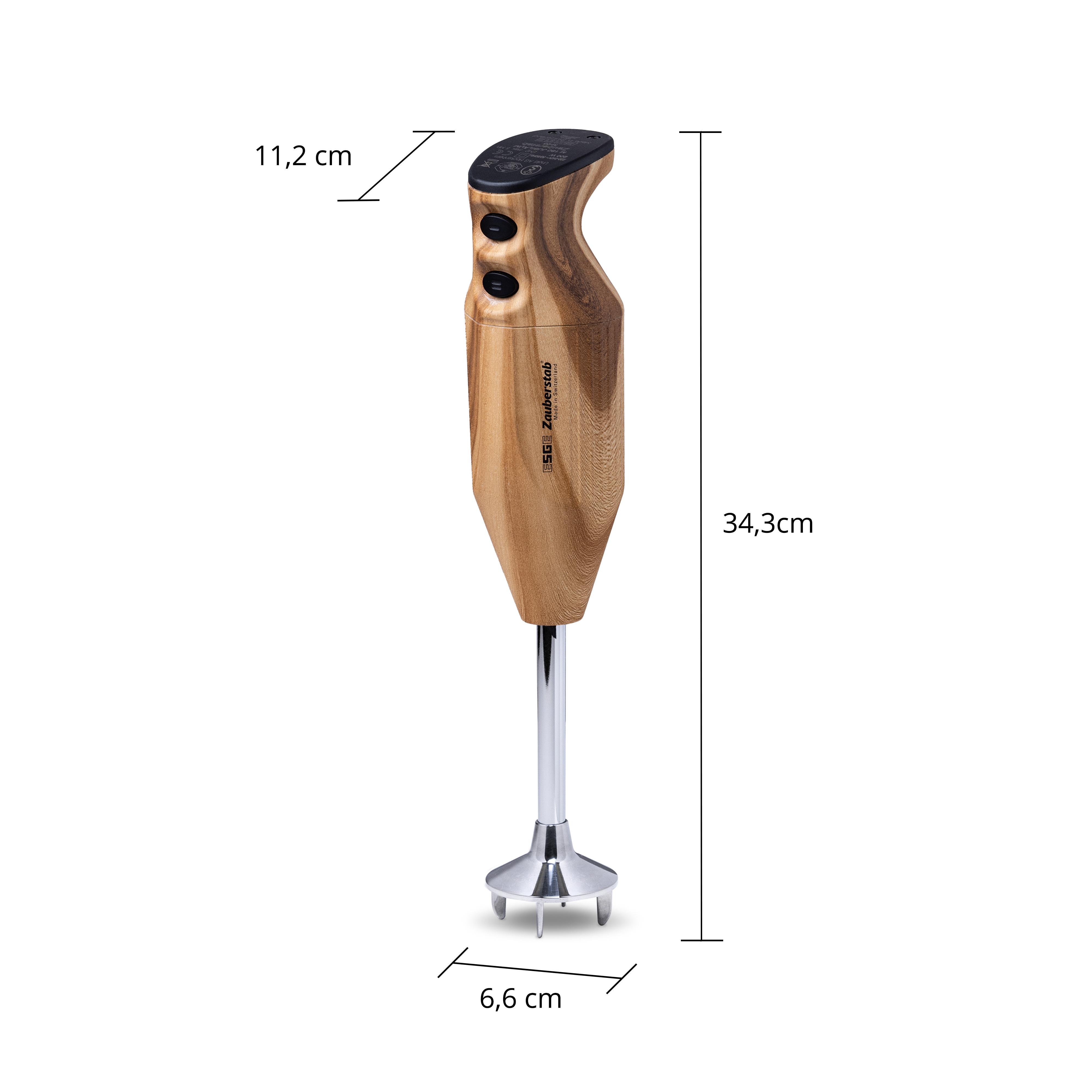 Ein hölzerner Stabmixer mit Chromteilen. Auf dem Bild sind die Abmessungen angegeben.
