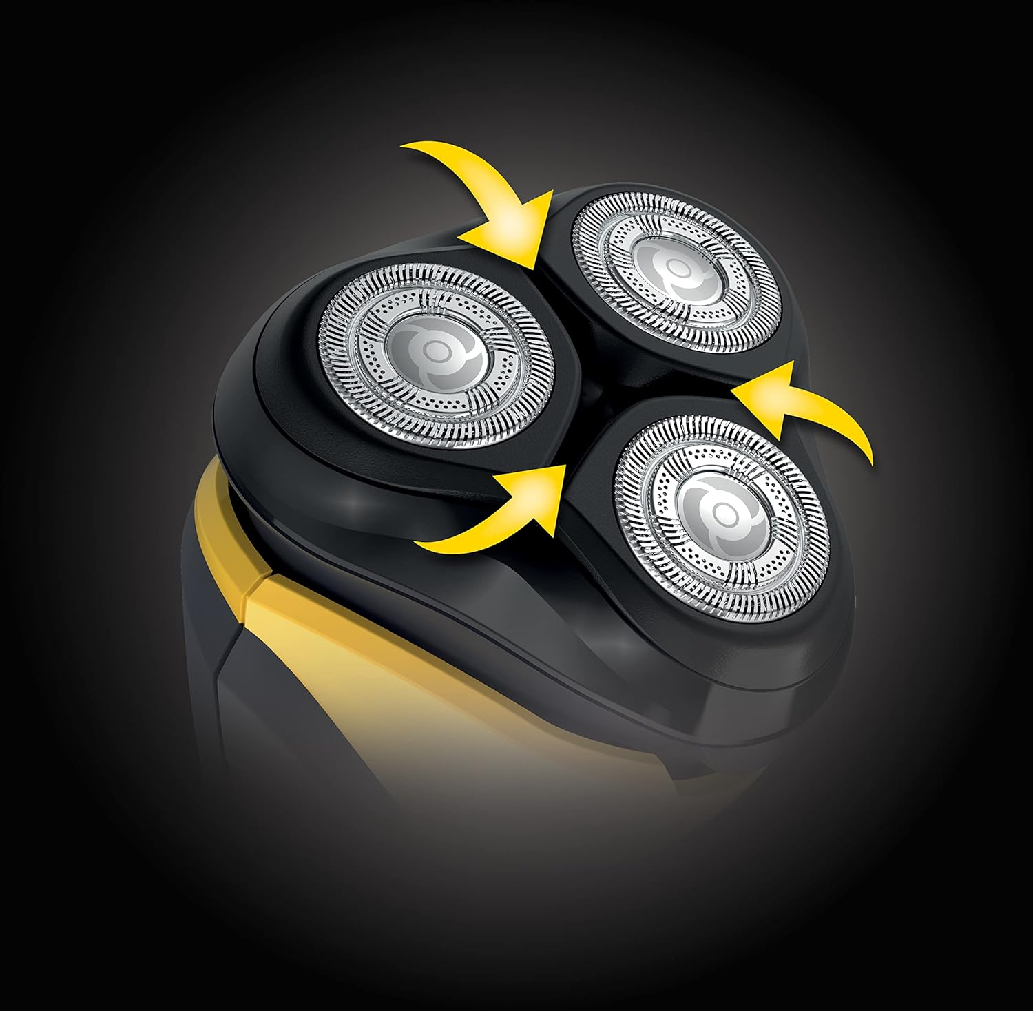 Primo piano di un rasoio elettrico con tre testine rotanti. Frecce gialle indicano il movimento circolare. Schema di colori nero e giallo.