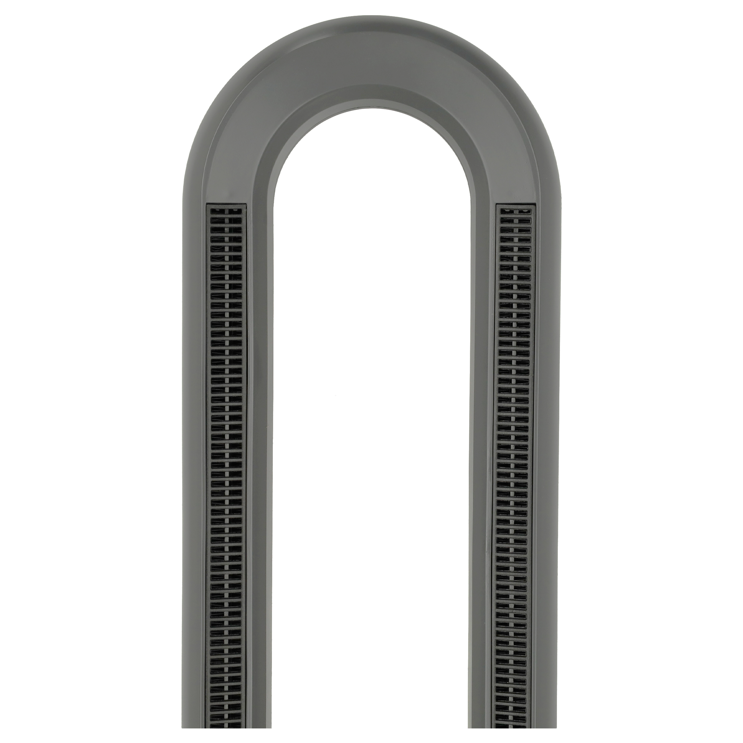 Een grijze boogvormige ventilator met ventilatieopeningen aan de zijkanten op een witte achtergrond. De boog heeft een hol midden.