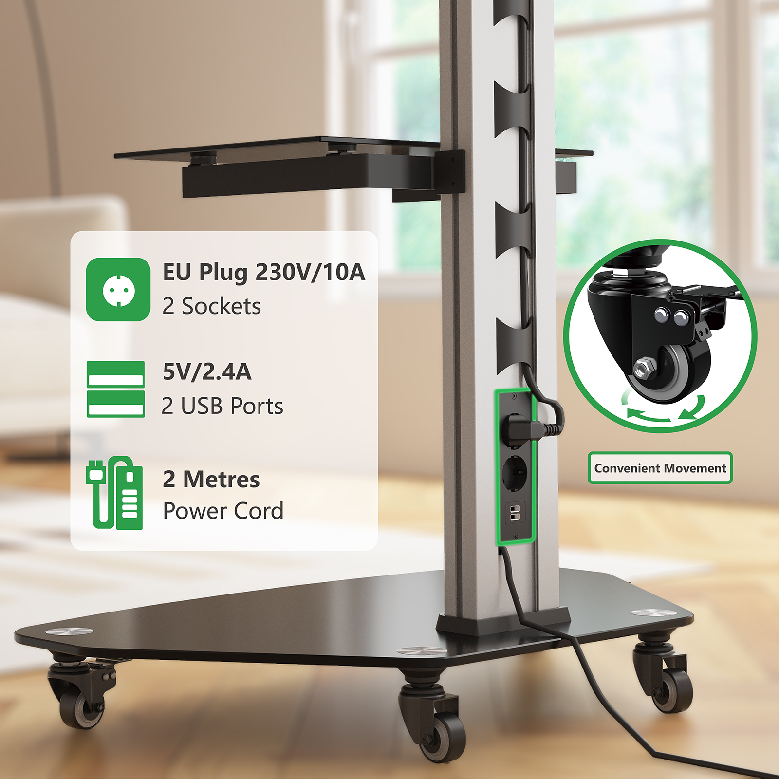 Een zwarte en zilveren rollende tv-standaard met stopcontacten en USB-poorten. Het heeft een zwarte basis, een verticale kolom en een bovenste plank.