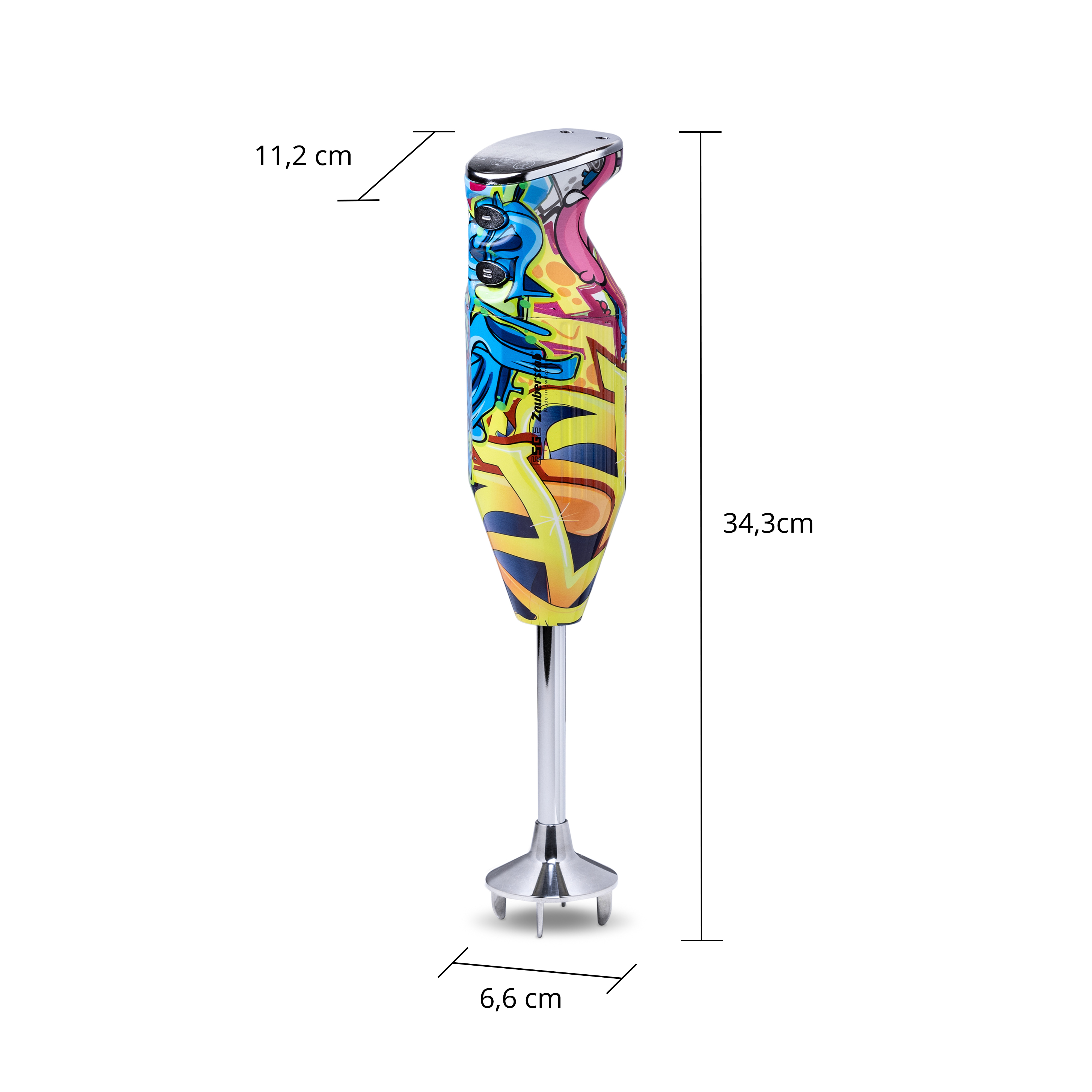 Ein Stabmixer mit Graffiti-Design am Griff. Abmessungen: 11,2 cm, 34,3 cm und 6,6 cm.