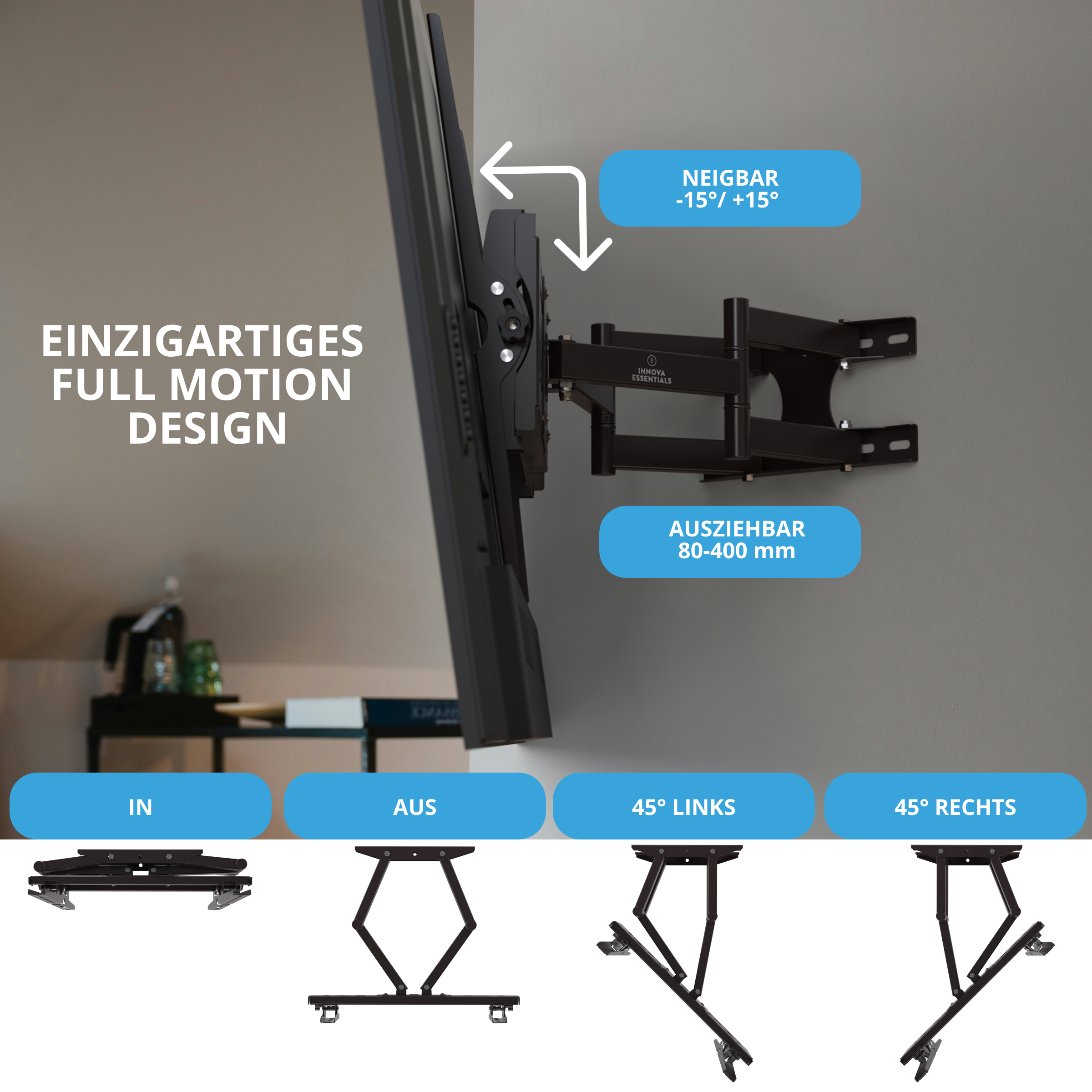 Eine schwarze TV-Halterung an einer grauen Wand. Diagramme zeigen verschiedene Positionen. Text zeigt Einstellbarkeit.