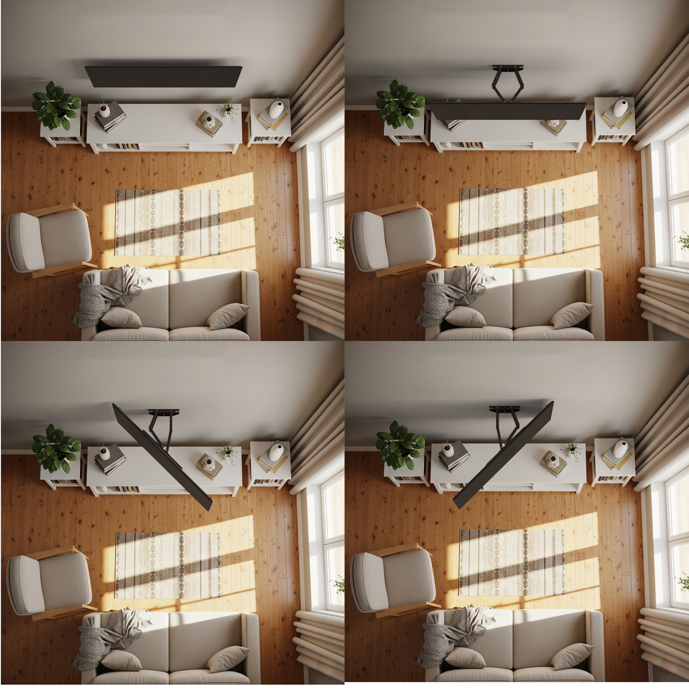 Ein Wohnzimmer mit Sofa, Stuhl, Teppich und einem Fernseher, der von der Decke abgesenkt wird. Holzboden und Fenster.