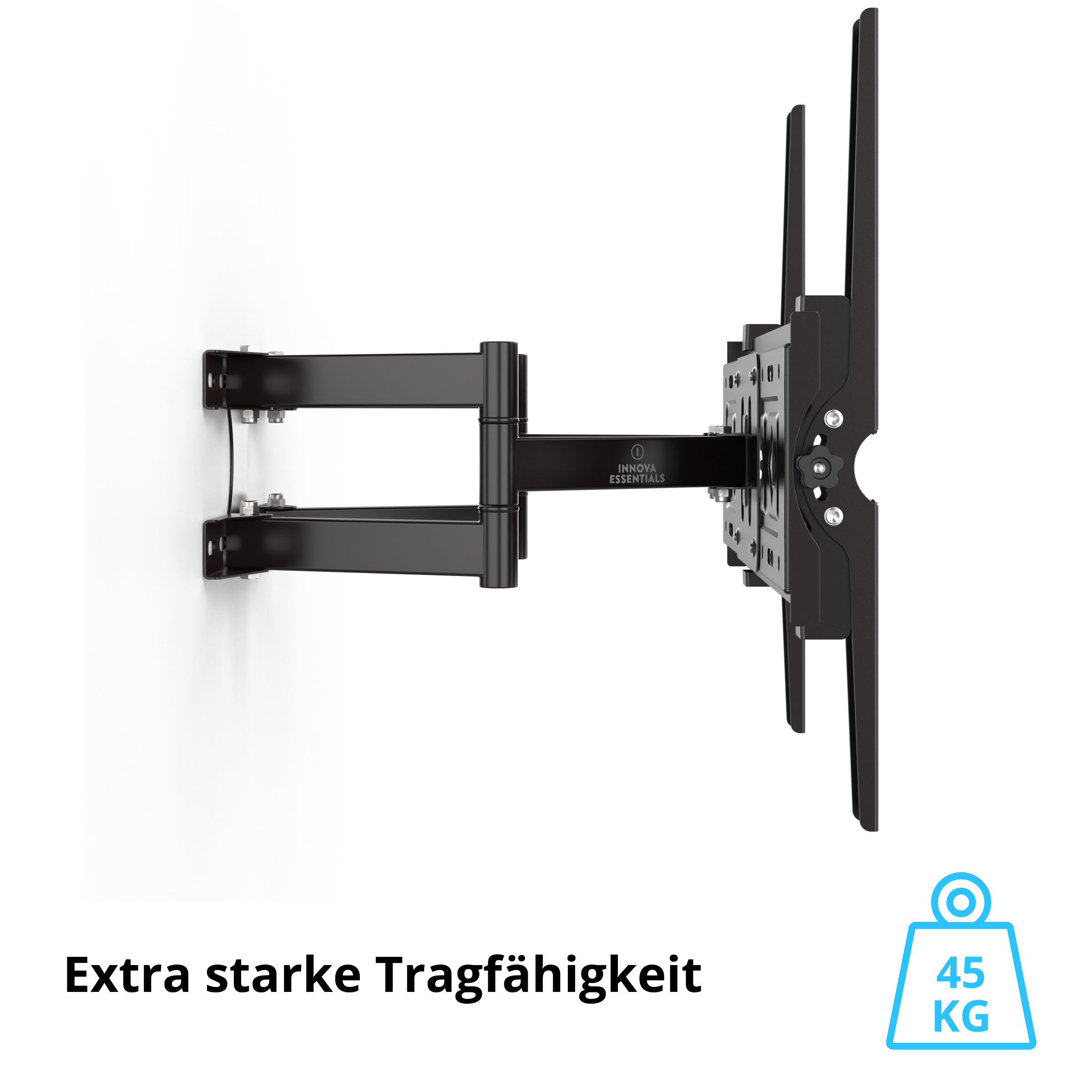 Schwarze TV-Wandhalterung mit Innova Essentials Logo. Text darunter: Extra starke Tragfähigkeit. Gewichtssymbol: 45 KG.