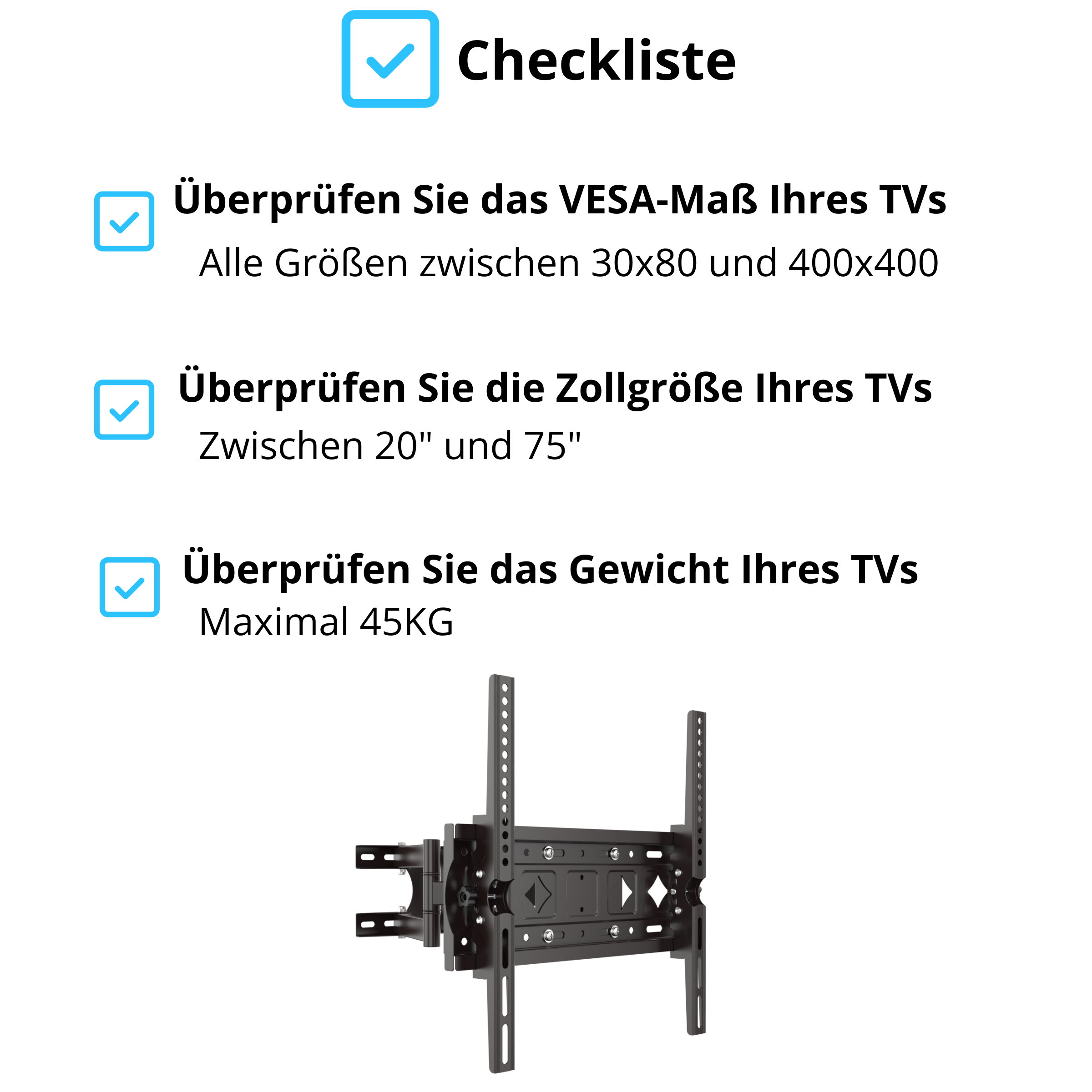 Das Bild zeigt eine Checkliste für die TV-Montage. Es enthält VESA-Größe, Bildschirmgröße und Gewichtsangaben mit einer TV-Halterung.