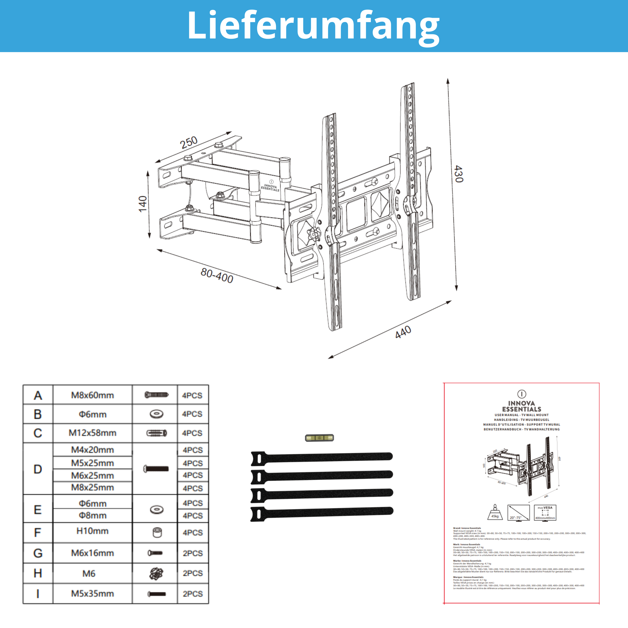 Diagramm einer TV-Halterung mit Abmessungen, Hardwareliste, Anweisungen und Zubehör: Riemen und Wasserwaage.
