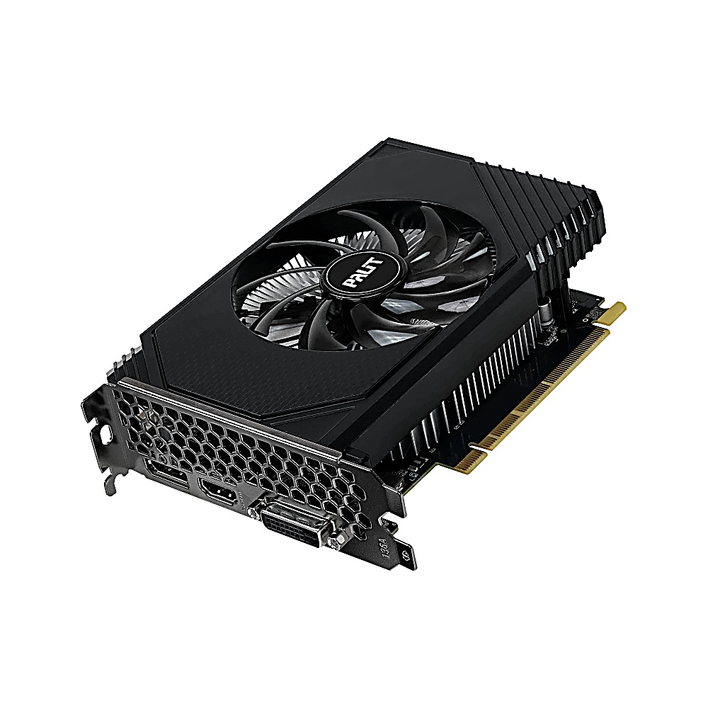 Czarna karta graficzna Palit z wentylatorem, oglądana pod kątem. Posiada wiele portów i znajduje się na białym tle.