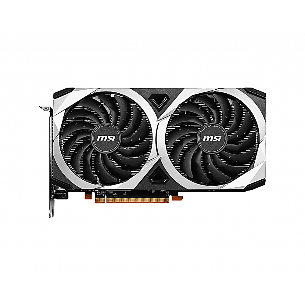 Una scheda grafica MSI nera e argentata. Ha due grandi ventole, il logo MSI e connettori color oro.