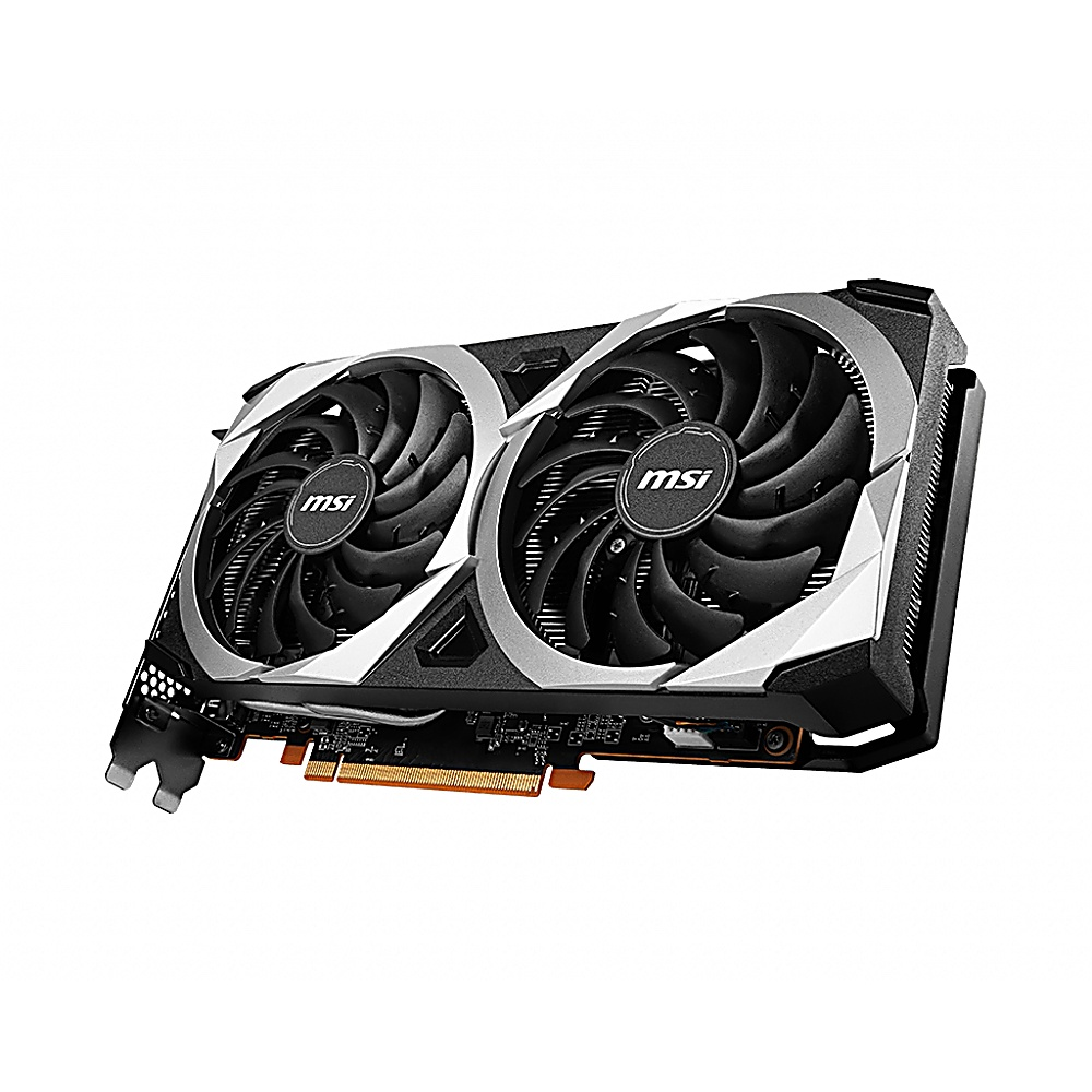 Scheda grafica MSI. Due grandi ventole dominano la parte anteriore. Design argento e nero. La scheda è angolata, su sfondo bianco.