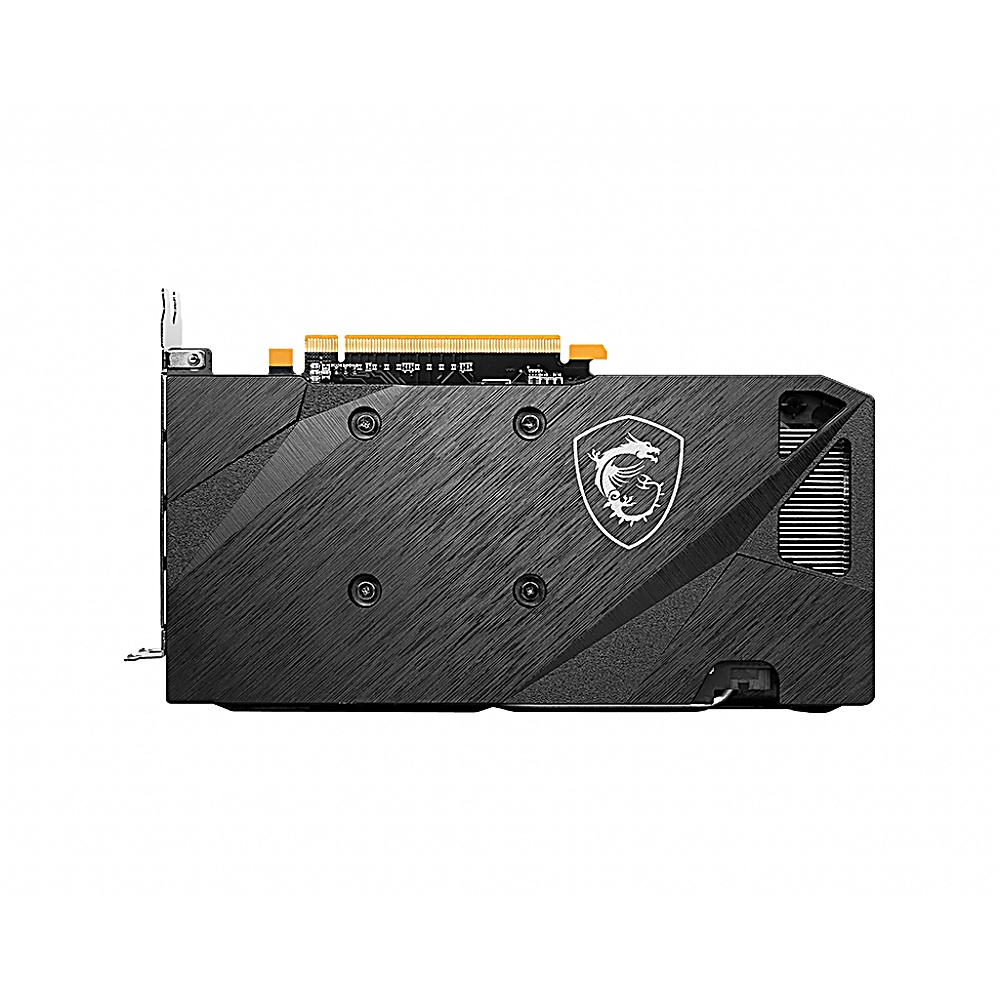 Una scheda grafica MSI nera con logo drago. Ha un dissipatore, connettori dorati e diverse viti.