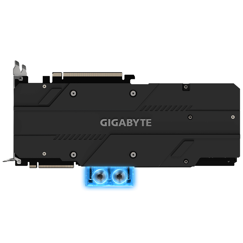 Eine schwarze Gigabyte-Grafikkarte mit zwei blau leuchtenden Lüftern. Die Karte hat mehrere Anschlüsse und das Gigabyte-Logo ist sichtbar.