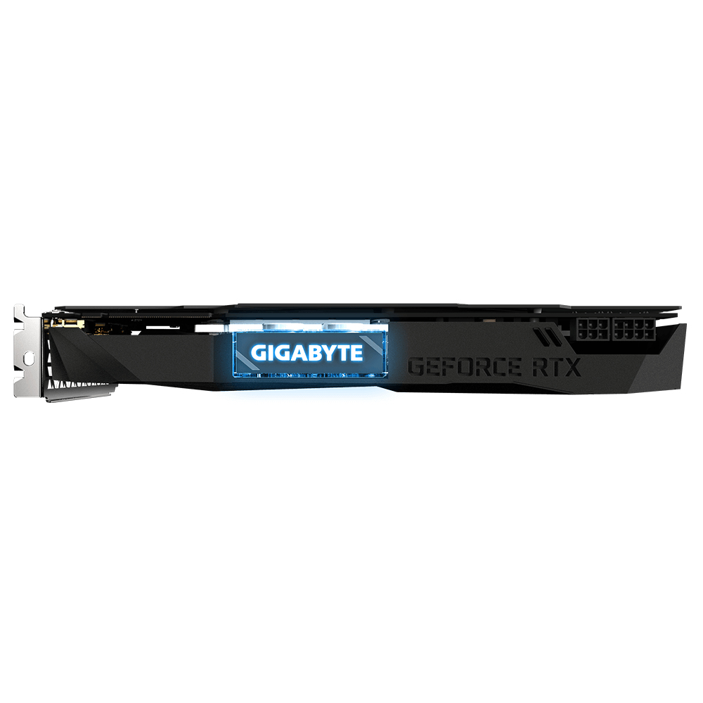 Eine schwarze GIGABYTE GeForce RTX Grafikkarte. Es hat ein blau beleuchtetes Logo und Text. Der Hintergrund ist schlicht weiß.