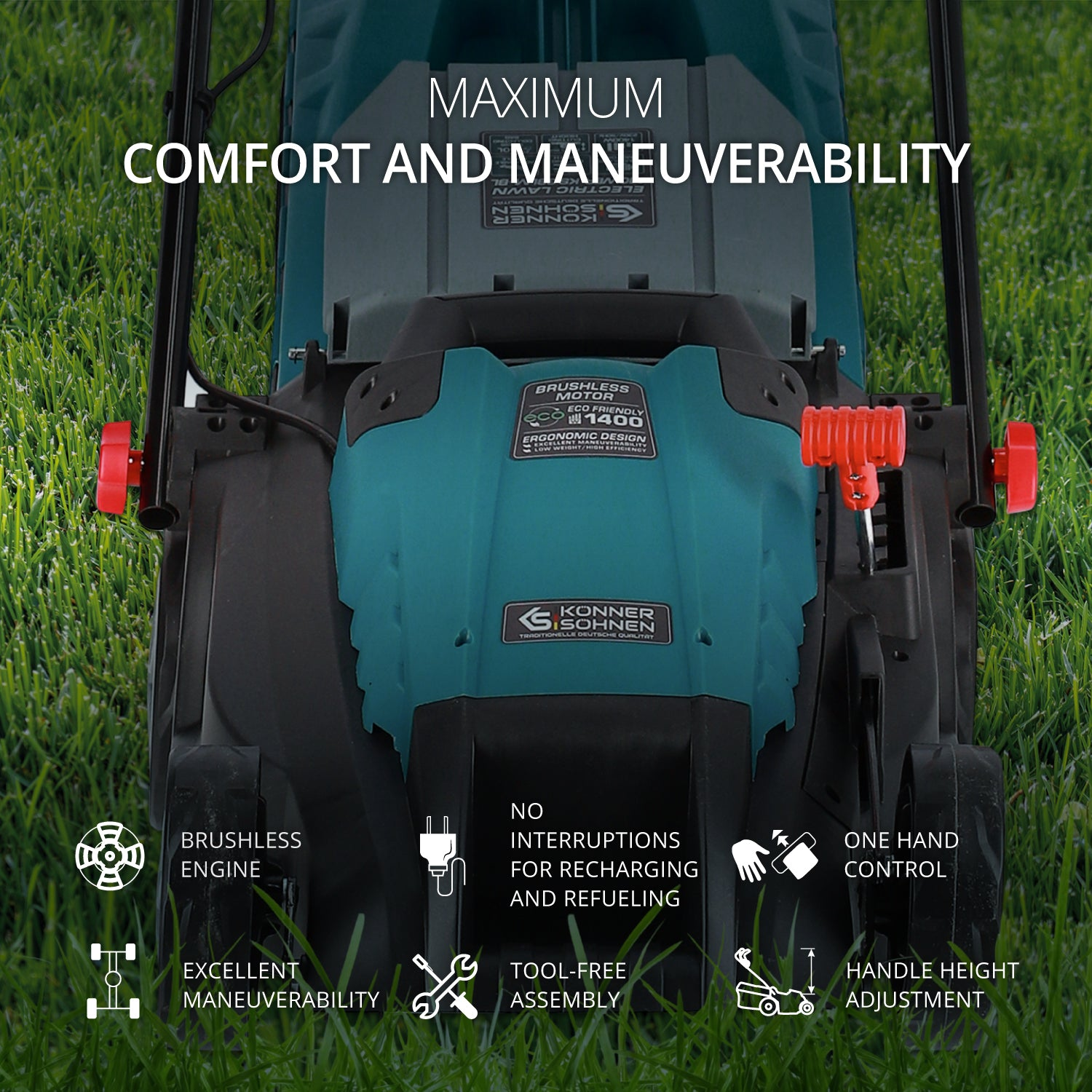 Kosiarka z turkusowym korpusem i czerwonymi uchwytami na zielonej trawie. Tekst podkreśla silnik bezszczotkowy, sterowanie jedną ręką i montaż bez użycia narzędzi.