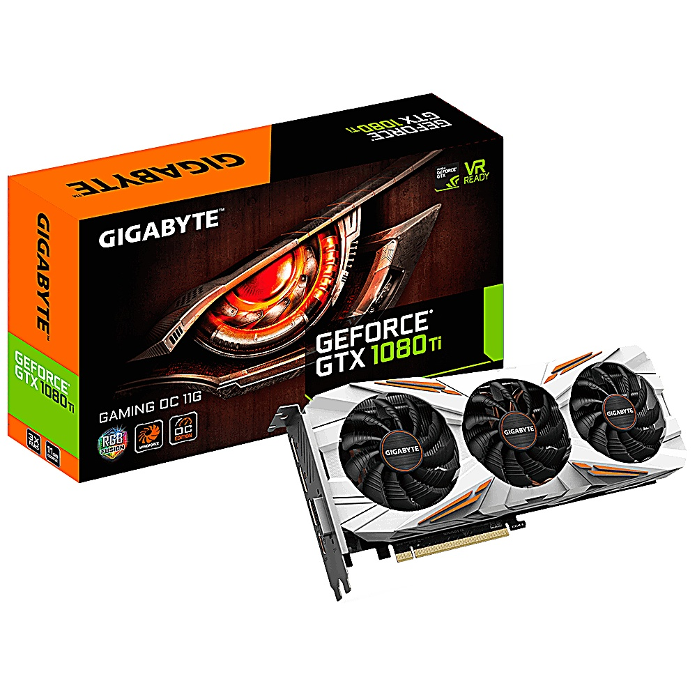 Eine Gigabyte GeForce GTX 1080 Ti Grafikkarte und -box. Die Karte hat drei Lüfter. Die Box ist orange und schwarz.