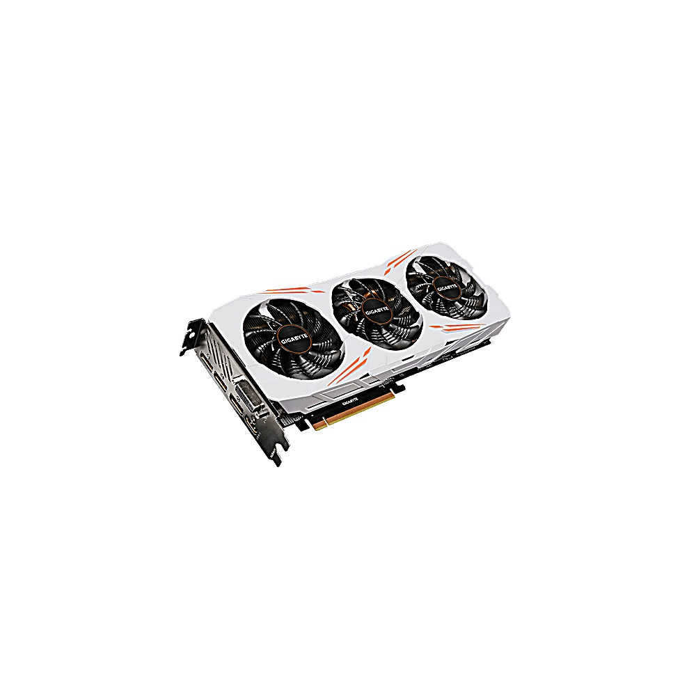 Eine weiße GIGABYTE-Grafikkarte mit drei Lüftern. Sie hat schwarze Lüfter mit orangefarbenen Akzenten und steht vor weißem Hintergrund.