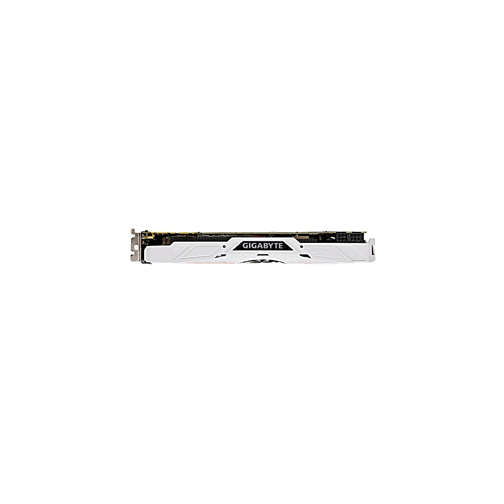 Eine weiß-schwarze Gigabyte-Grafikkarte. Die Karte ist horizontal vor einem weißen Hintergrund positioniert.