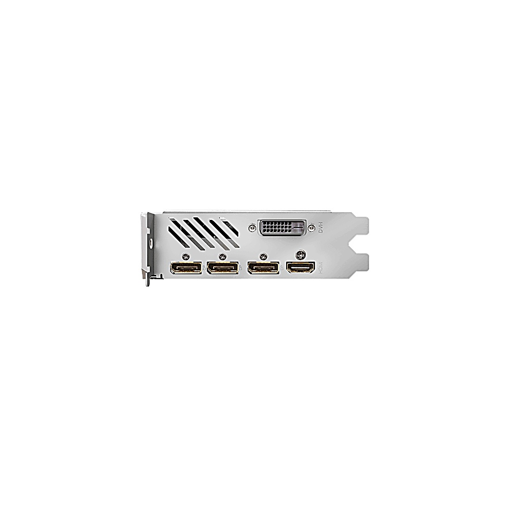 Eine silberne Grafikkarte mit mehreren Anschlüssen: DVI, HDMI und DisplayPort. Sie hat ein Lüftungsgitter und einen weißen Hintergrund.