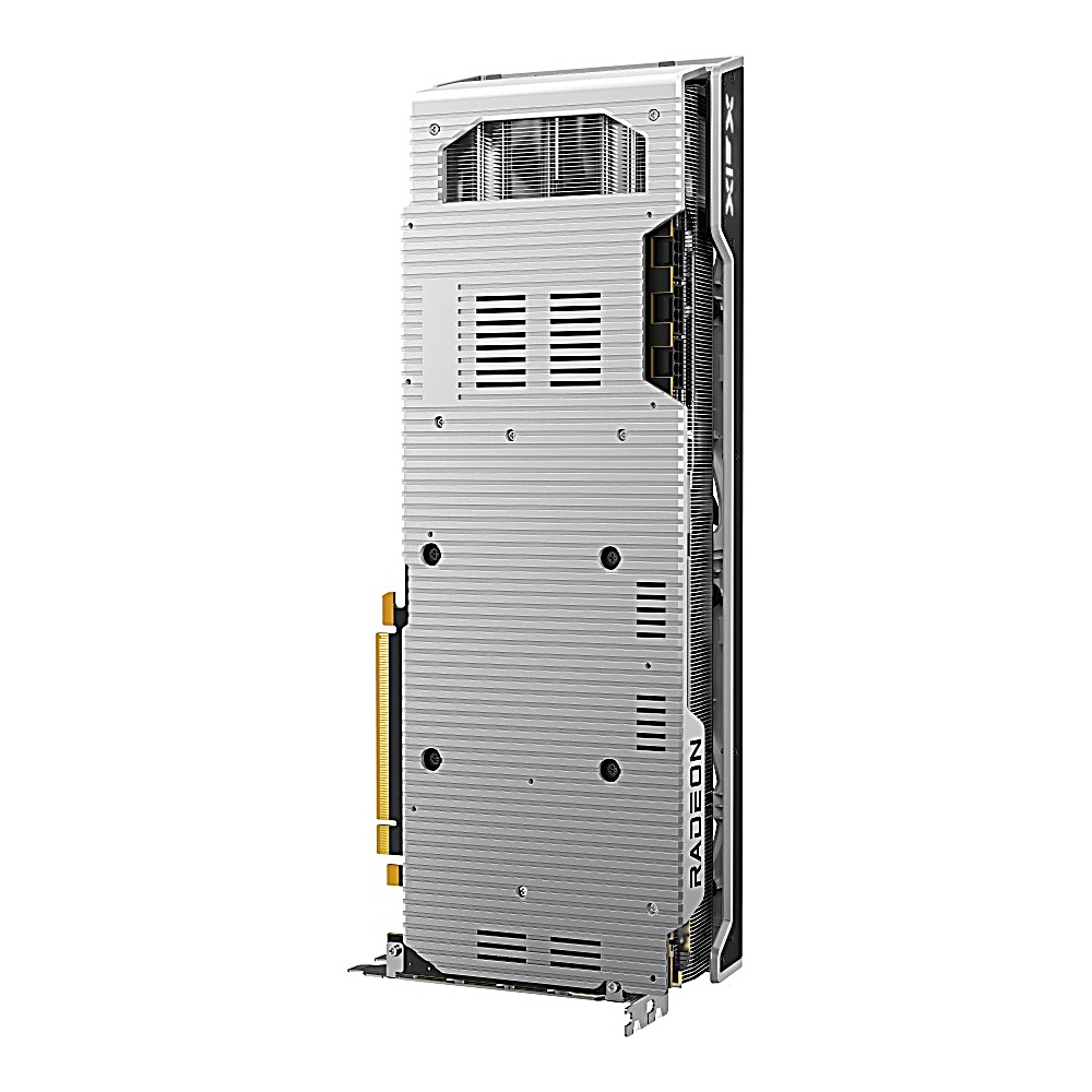 Srebrna i czarna karta graficzna do komputera. Karta posiada otwory wentylacyjne, a na boku widnieje napis RADEON.