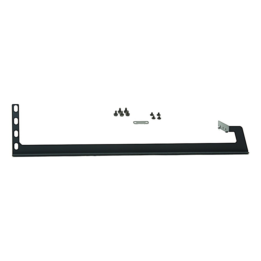 Czarny metalowy wspornik z otworami montażowymi i zakrzywionym końcem. Małe śruby i metalowa płytka są rozrzucone.